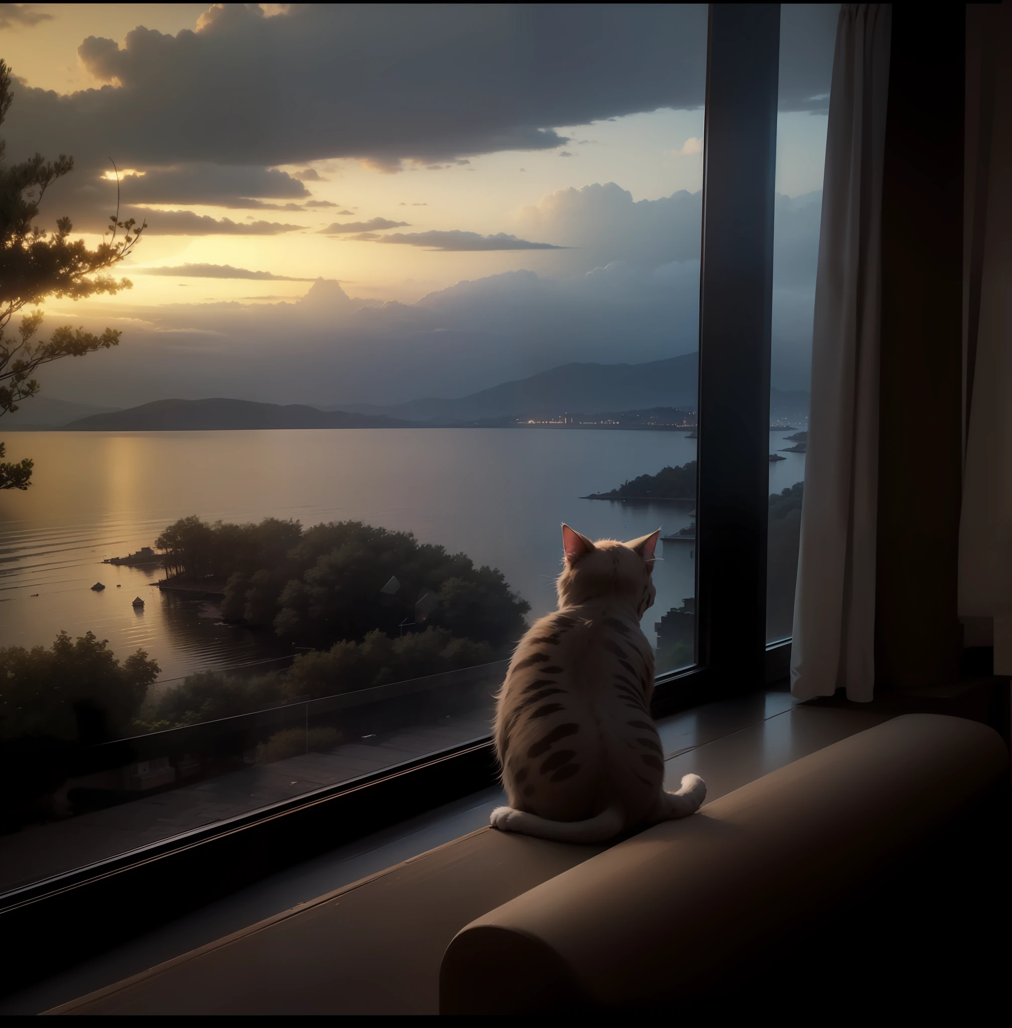 A kitten forgets the scenery outside the window Masterpiece