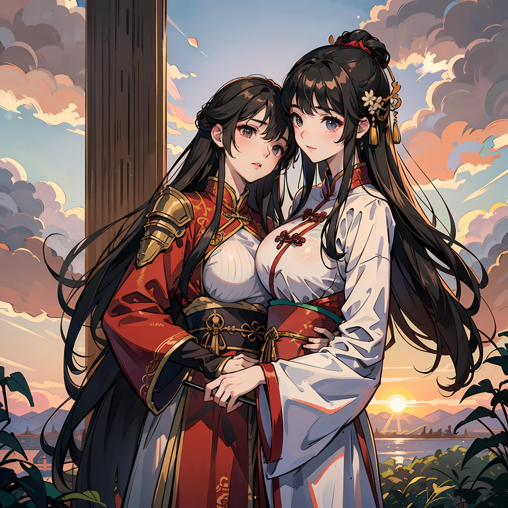daddy,chinese ancient costume,armour,mother with big breasts,twincest,China-style,Hanfu,the setting sun,Burning clouds,willowy --auto