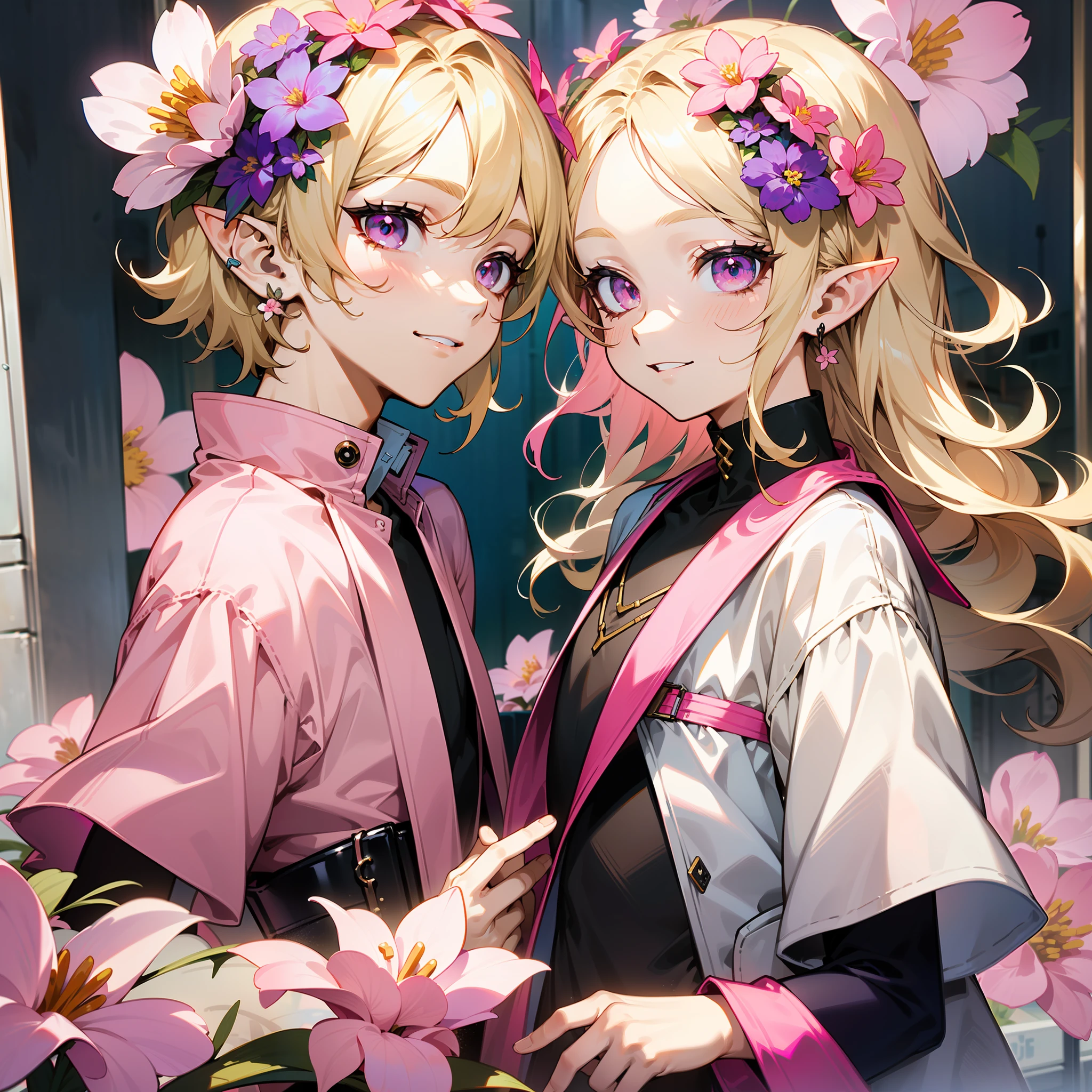young man, twink, (((male))), (((man))), (((one person))), single, solo, 1guy, (((very light blonde hair))), (((pink colored eyes))), (medium short hair), (chin-length hair), wavy hair, slim body, ((flat chest)), (((wearing flowers in his hair))), flowercrown, ((pointy ears)), (((light pink colored eyes))), smooth skin, smiling, ((wearing street fashion style clothes)), (((wearing modern and futuristic clothes))), (((street fashion))), (((kpop style))), white flowers, purple flowers, light pink flowers, ((wearing clothes)), belts, flower accessories