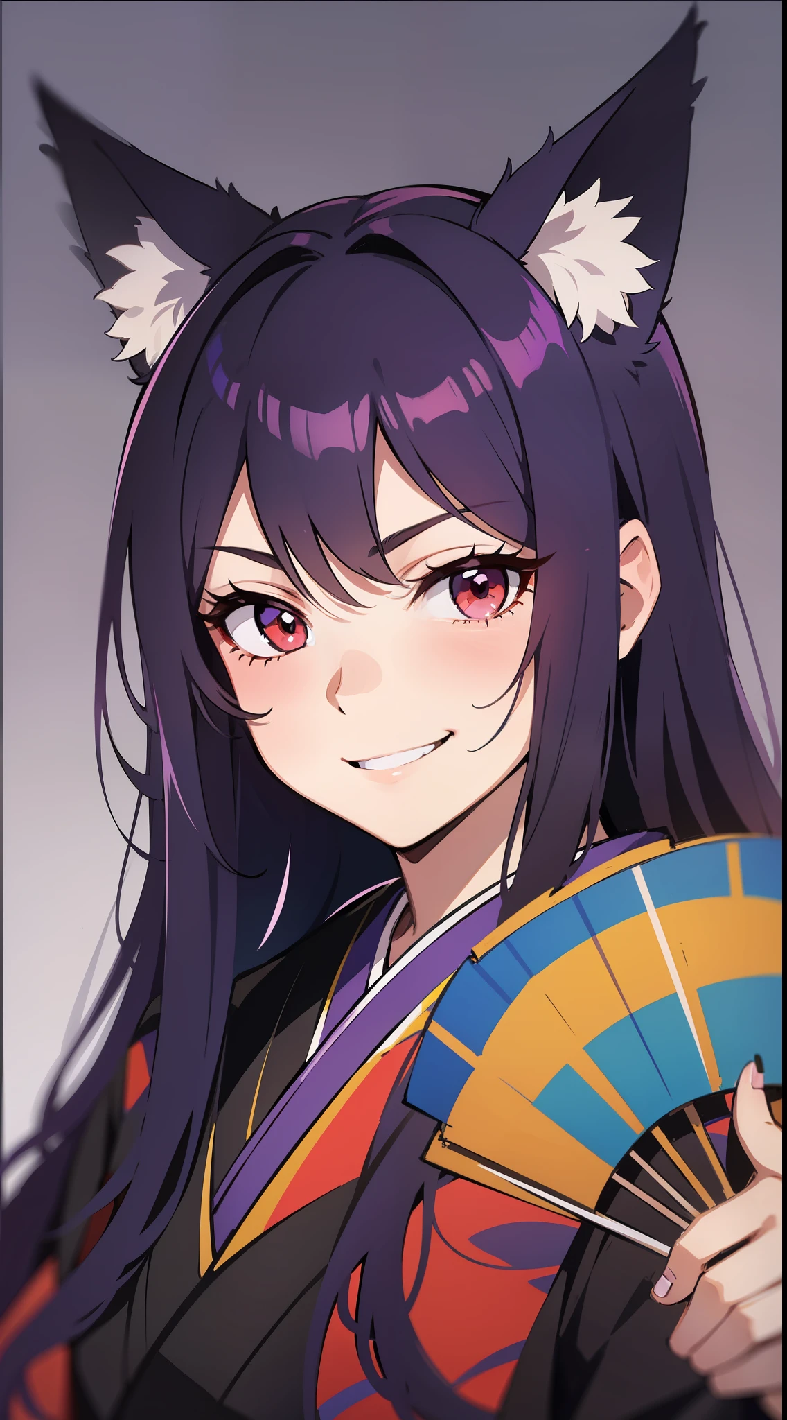 young boy, long dark purple hair, Fox ears, red eyes, dark purple kimono, smirk, fan, Masterpiece, hiquality