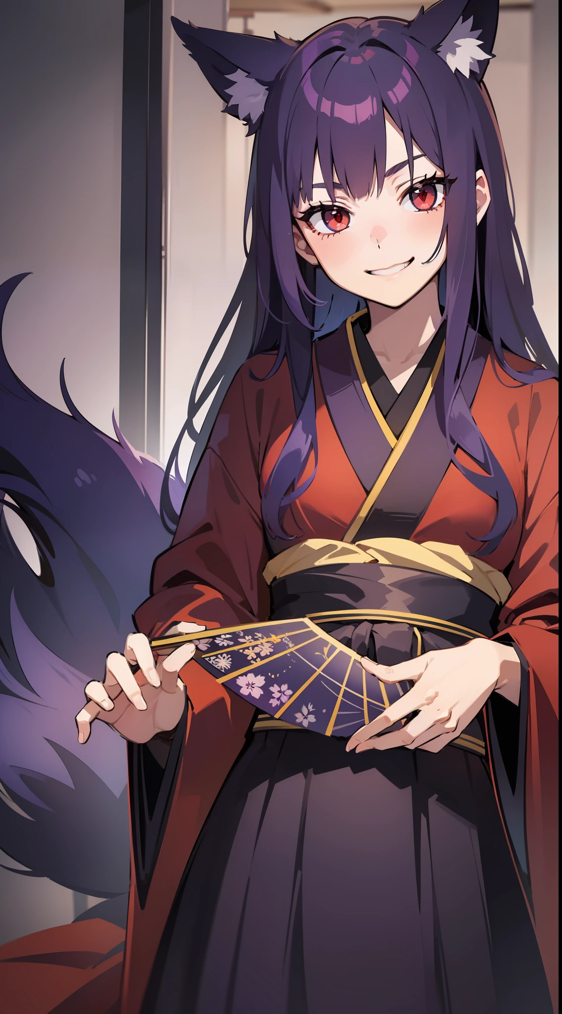 young boy, long dark purple hair, Fox ears, red eyes, dark purple kimono, smirk, fan, Masterpiece, hiquality