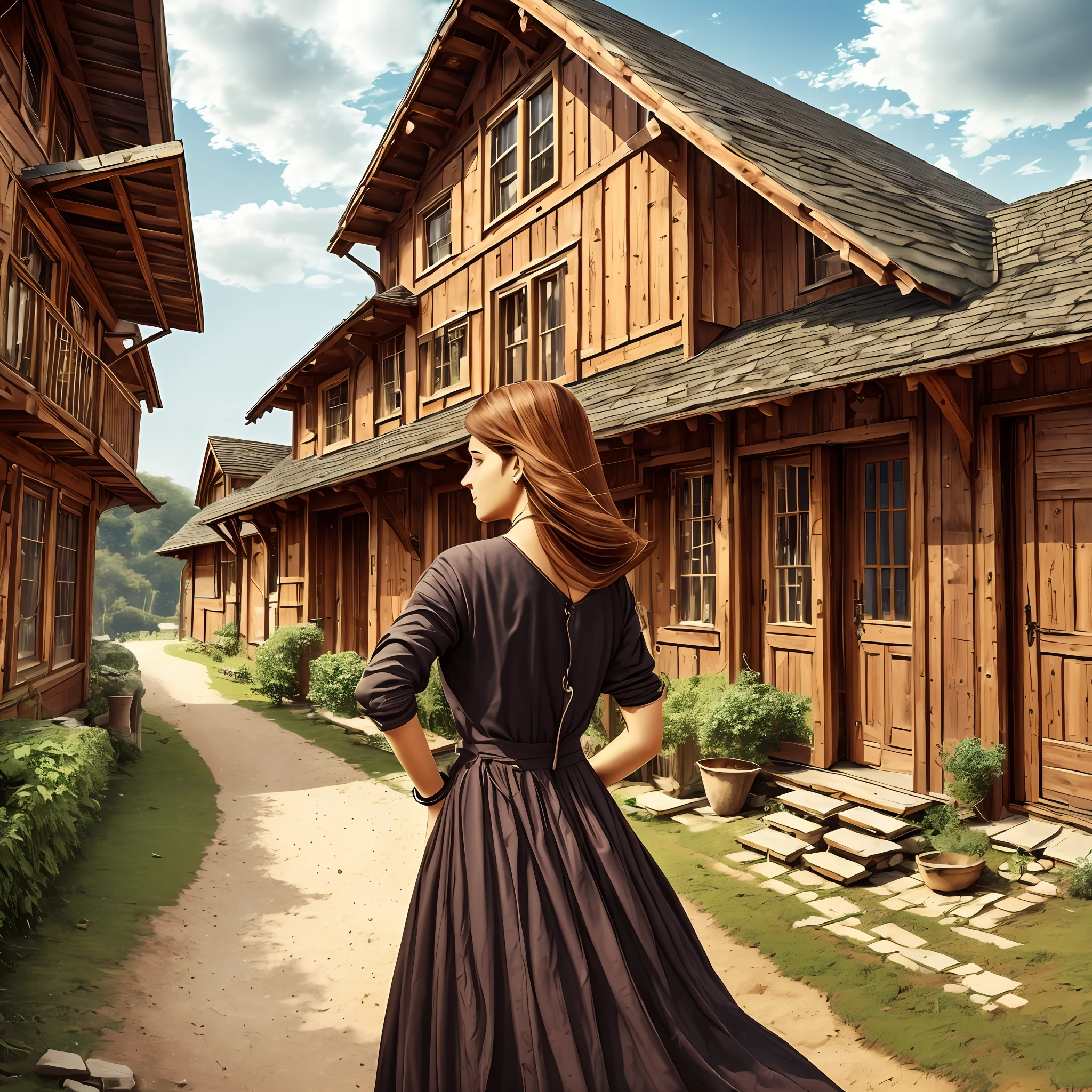 best qualtiy，80shair，Heads-up，A half body，back，One guy，woman，Wooden house in the background