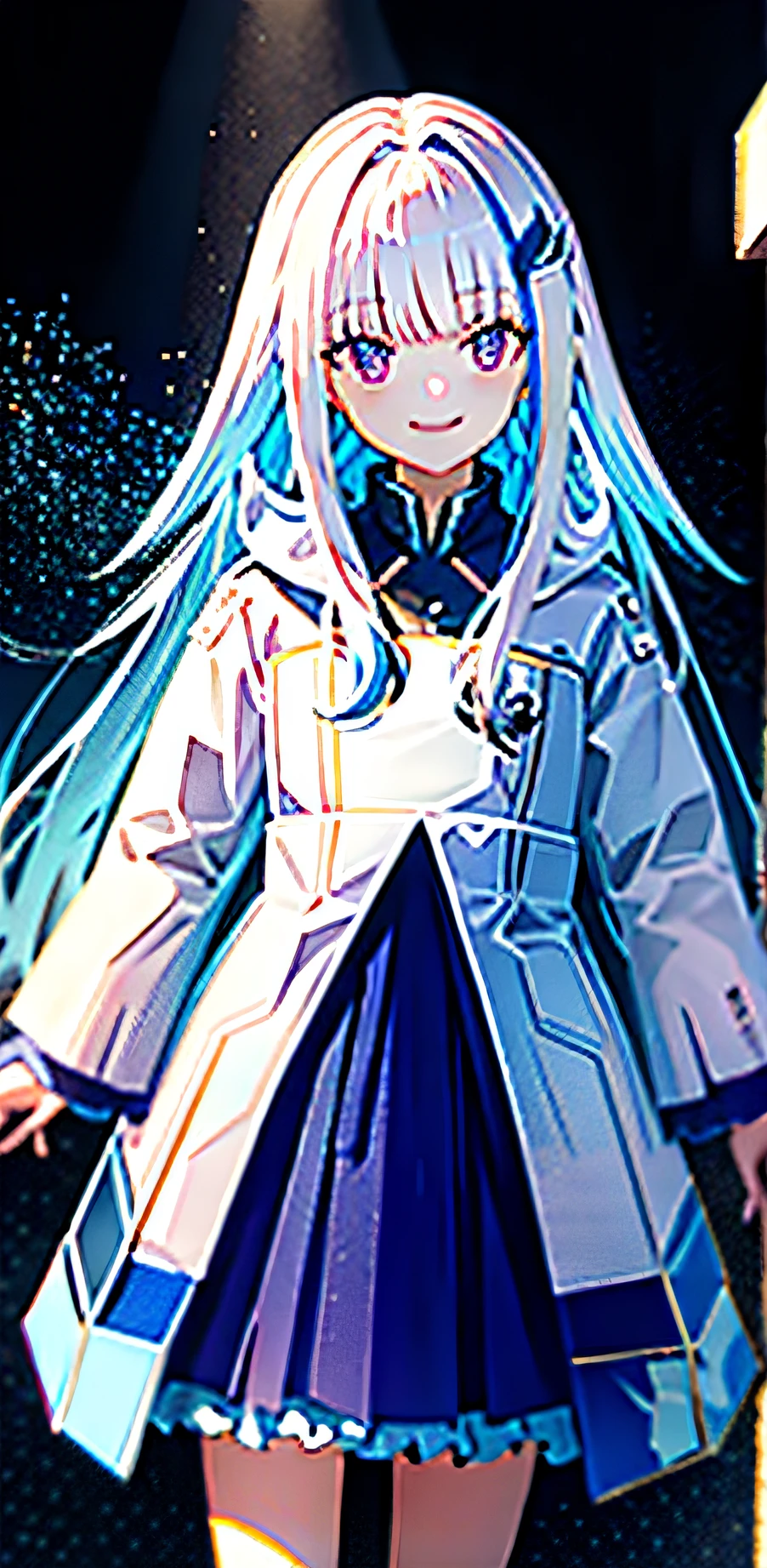 细致背景, ​masterpiece, top-quality, a smile, ornament detached, parka,, Blue Neon,radiant eyes, length hair,