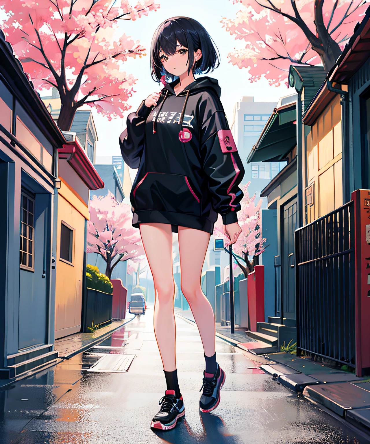 Masterpiece,1girll,long leges,Full body photo,Solo,unbelievable Ridiculous,Hoodie,Earphone, street,exteriors,the street,rainbowing,the cherry trees,SakuraNS