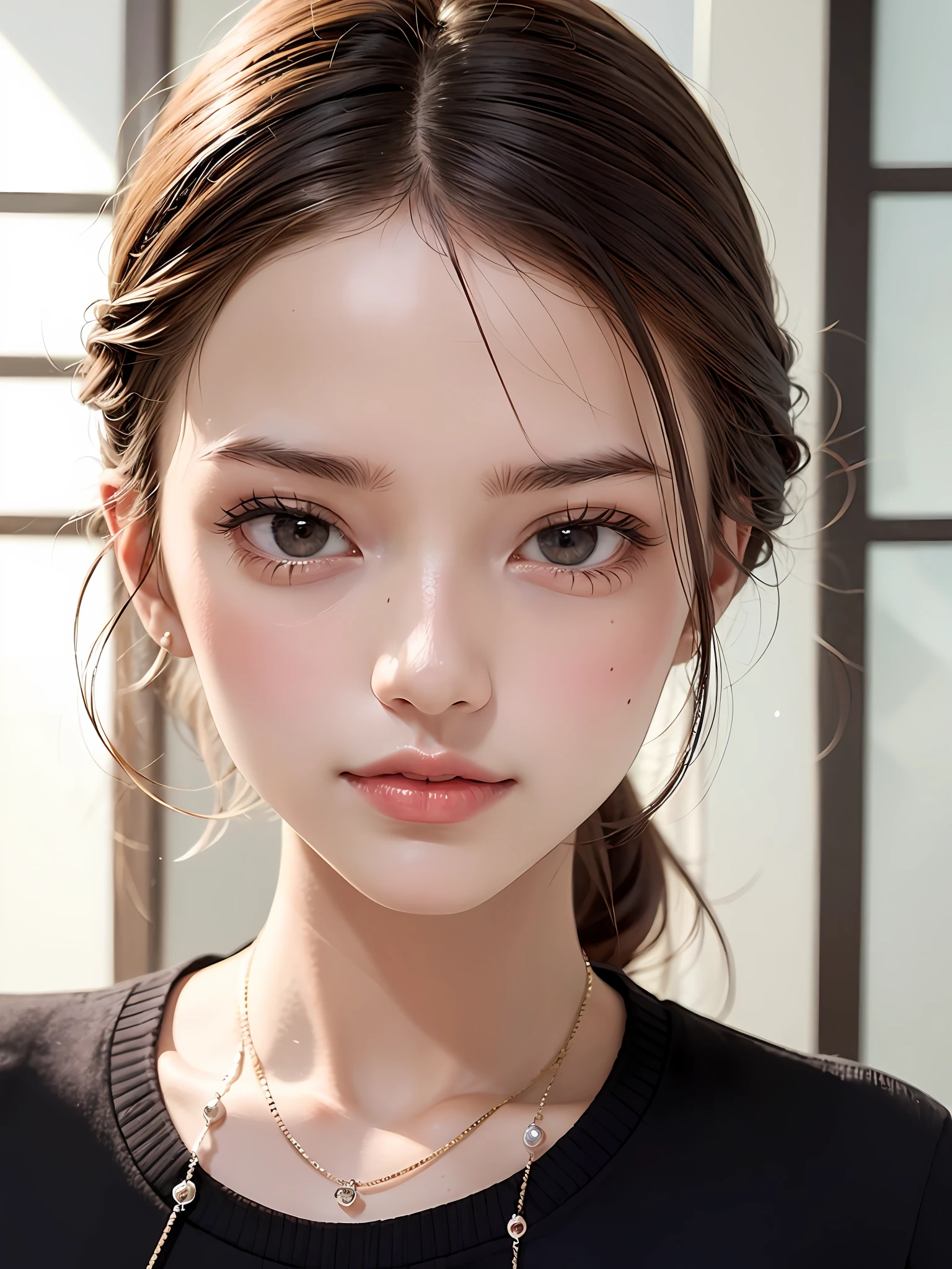 Sweet and cute, long brown hair, pearlescent