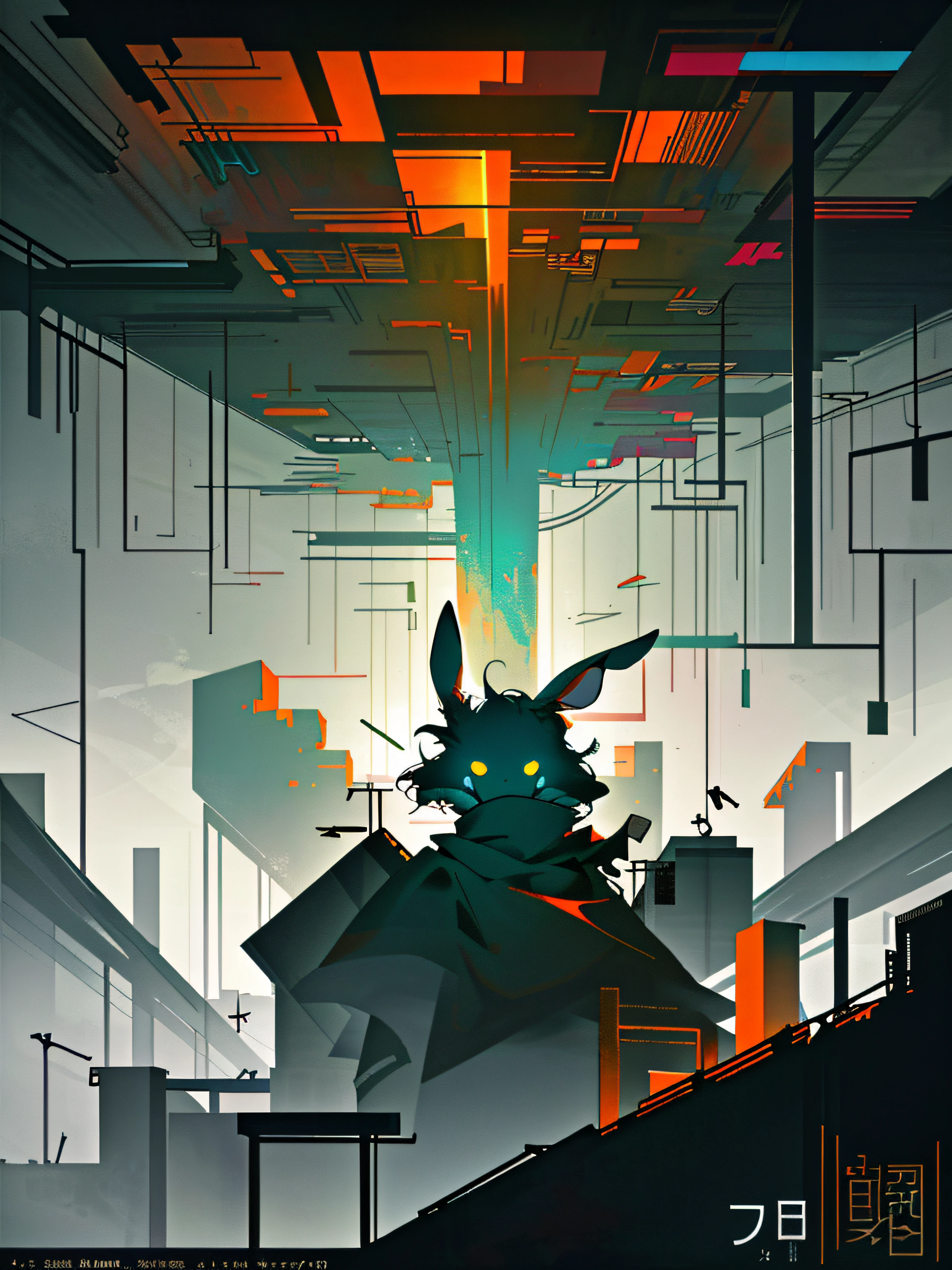 (blame! style abandoned tech landscape), (Zen, Amy Sol style), (underground, dark, foggy, perilous, abandoned dystopian apartment bedroom, deep windows), (abstract anthro rabbit figure wearing bunny ears), cover art with light abstraction, abstract, simple vector art, contemporary Cybernetic art, color gradients, soft color palettes, layered forms, whimsical animation, style Ethereal abstract, 4K, --v6