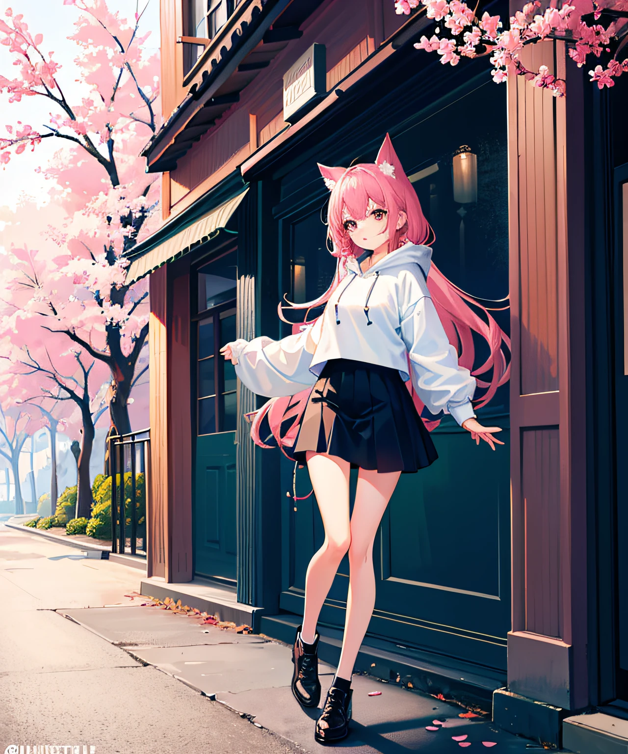 Masterpiece,1girll,long leges,Full body photo,Solo,unbelievable Ridiculous,Hoodie,Earphone, street,exteriors,the street,rainbowing,the cherry trees,SakuraNS