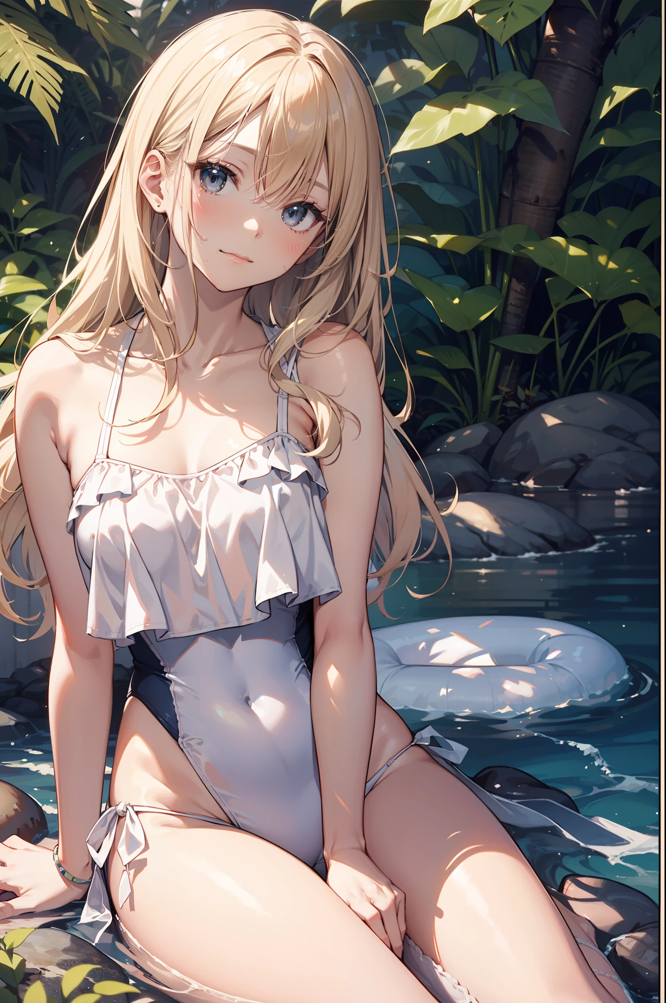 high-level image quality、top-quality、Detailed drawing、Does not blush cheeks、Slender beauty、Docile、White swimsuit、Small eyes、Smaller chest、a blond、Petanko sitting、Sister sitting、Inner thigh-sitting