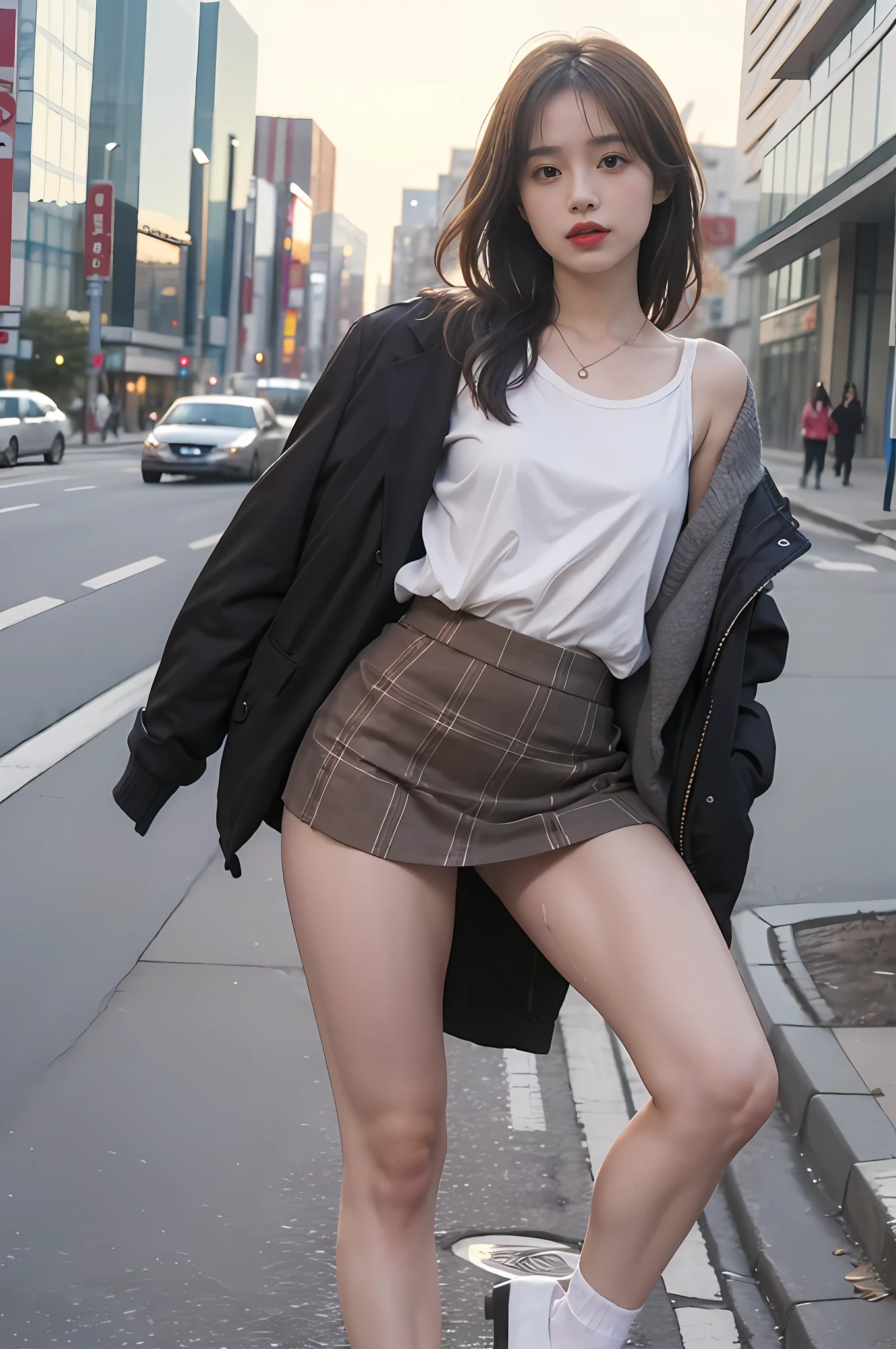 (8K, RAW photo, Top quality, Masterpiece: 1.2, Realistic, Photorealistic, High contrast, photon maping, photon maping, Photorealistic, Ultra-detailed, Professional lighting, Low angle: 1.2), (1 girl), (Solo: 1.5), (Full-body), (height of 165cm), (18-year-old schoolgirl), (Shinjuku at night in Japan), (sidewalk lined with shops), (Japan high school uniform and designated shoes), (Student coats: 1.2), (Short plaid skirt: 1.5), (white shirt for students), (tie: 1.2), (squatt，Crotch Spread Wide，looking to the front), (Skirt flipping up), (M-shaped legs), (180 degree leg open), (Crotch open: 1.2), (light brown medium hair), (see-through wet white panties: 1.5), (camel-toe), (Black loafers: 1.5), (beautfully face: 1.3), (Perfect proportions: 1.2), (Long legs: 1.2), (small: 1.3), (Panties visible from under skirt: 1.3), (Female Pubic Hair Clearly Visible: 1.4), (Pubic hair: 1.4), (with no underpants: 1.2), (Textured skin)，high-heels
