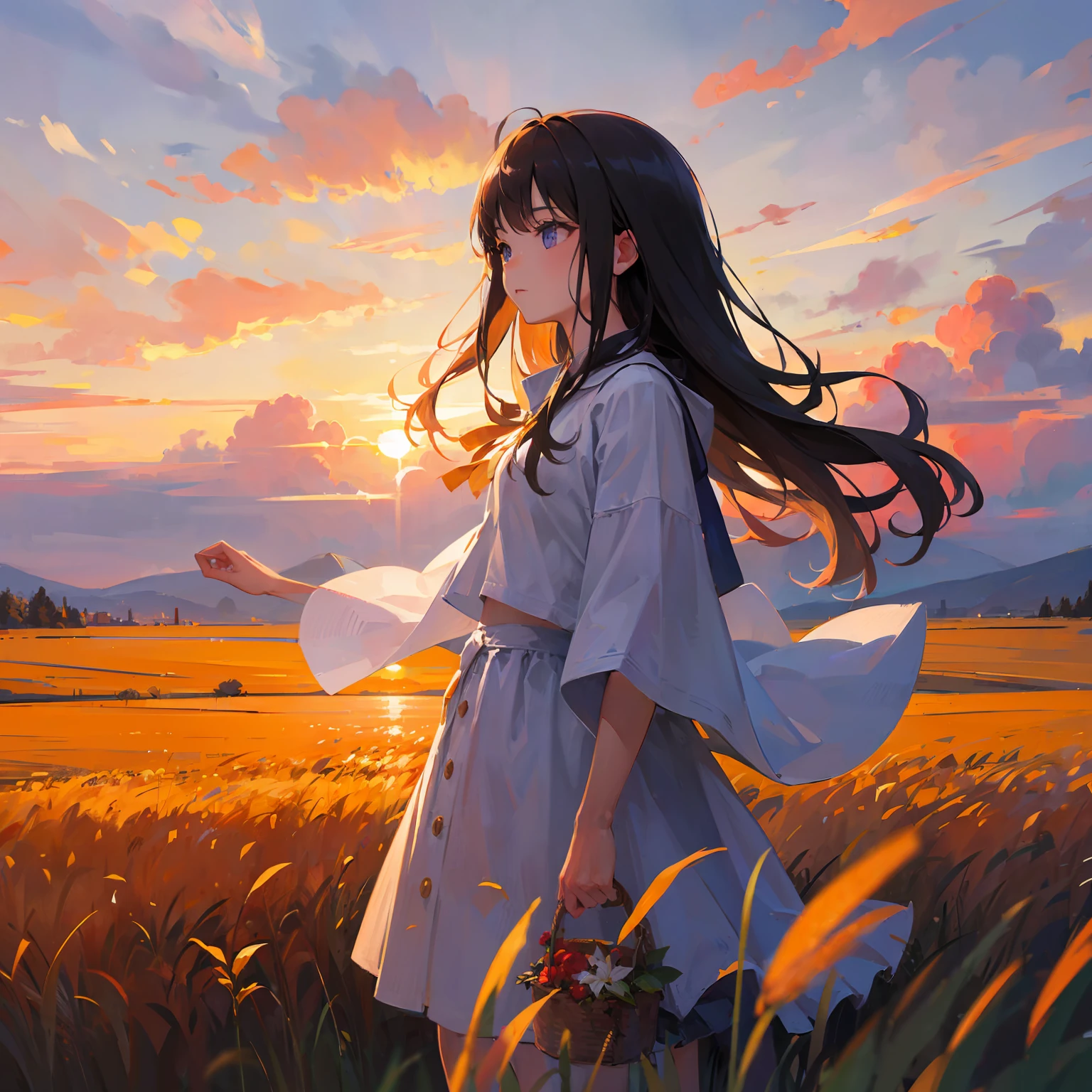 girl standing in field, closeup, portrait, clouds, sunrise