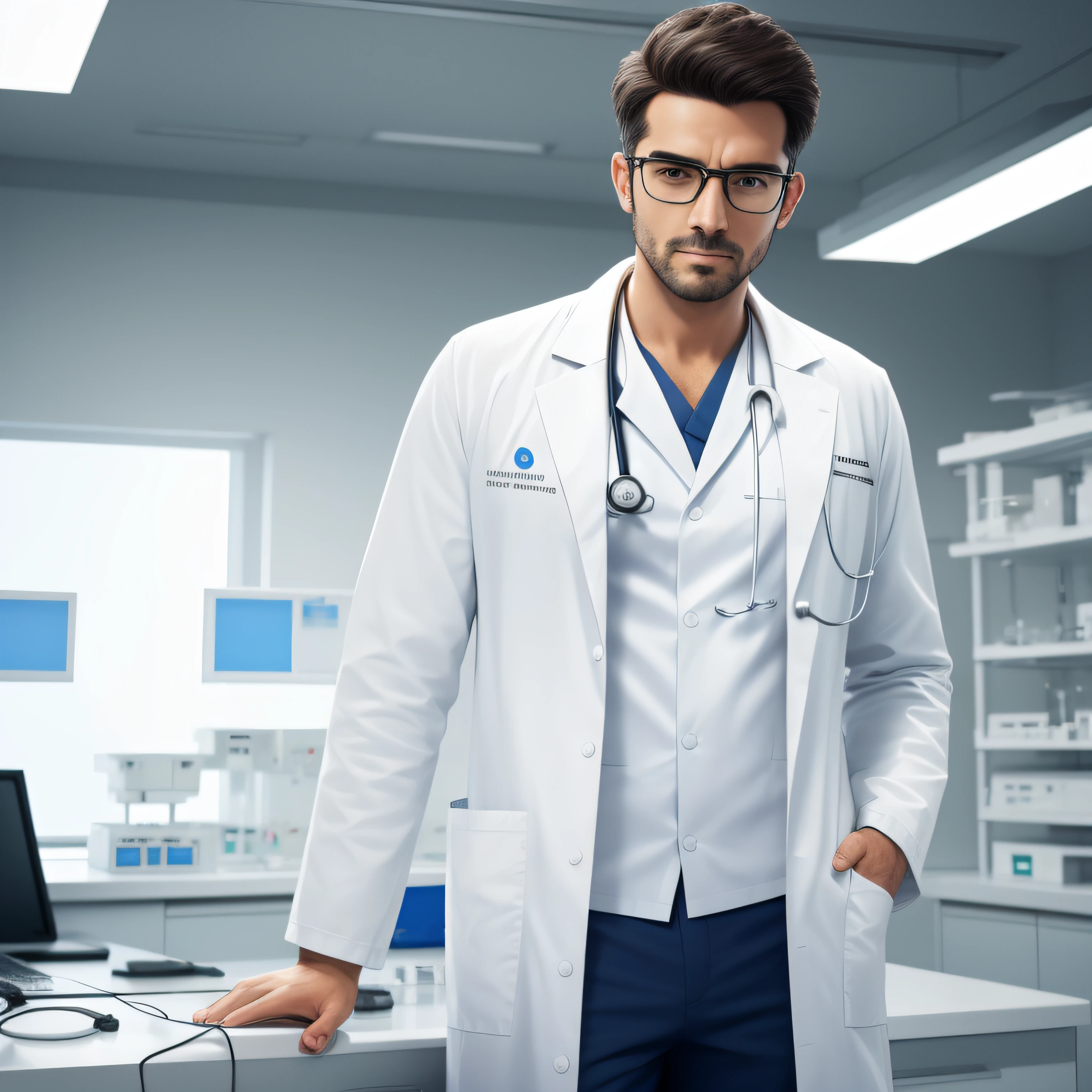 Man wearing white doctor's coat, with medical accessories in the lab coat, imagem de corpo todo, cinematico 8k, olhando para camera, with hands in pockets, camiseta branca por baixo do jaleco, usando oculos de grau