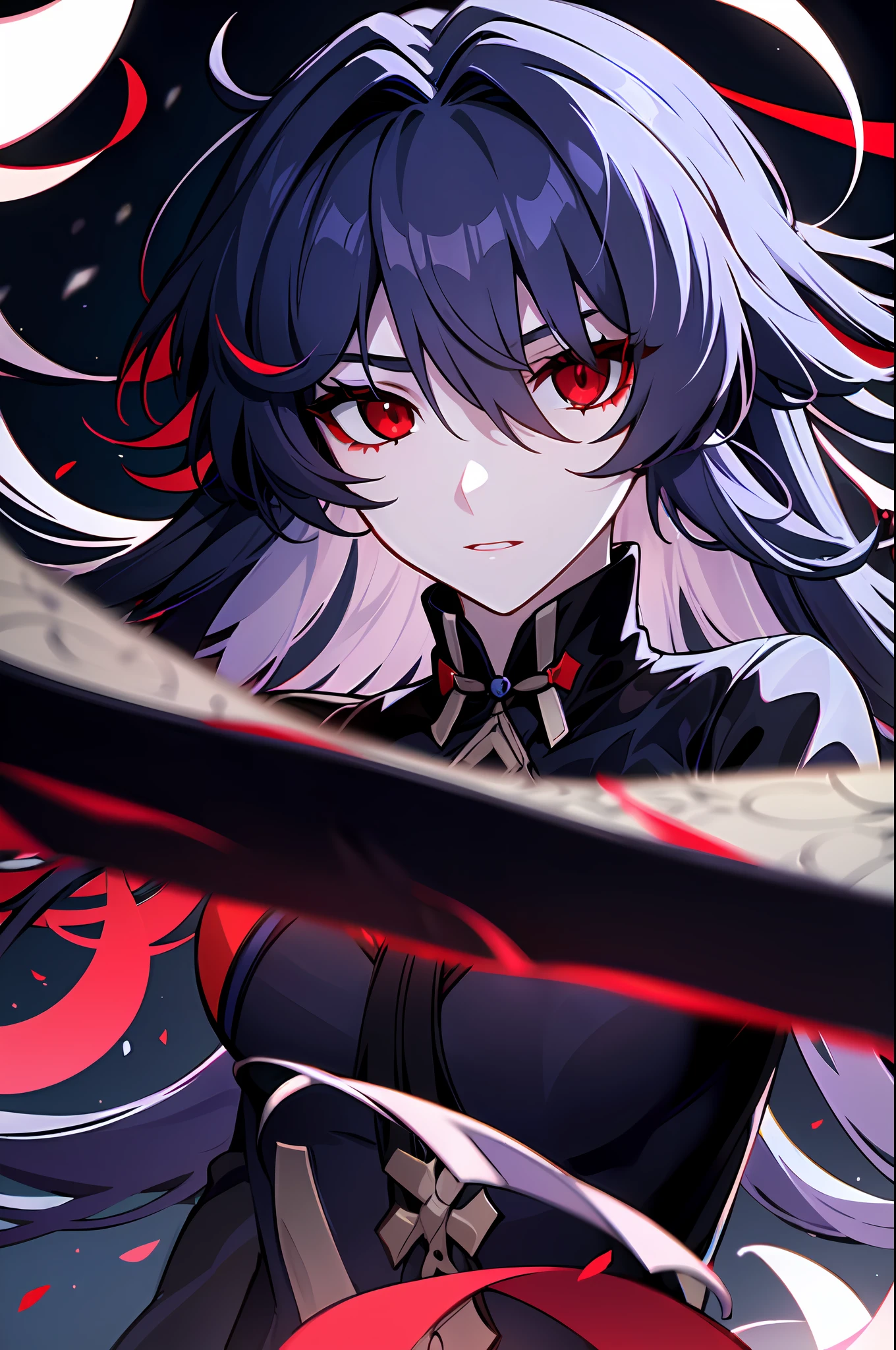 1girl, (solo:1.2), ((masterpiece)), slim, female, pale skin, ((detailed eyes)), (bokeh effect), (dynamic pose), black hair, long hair, black shirt, exterior. bandages, (red eyes), city