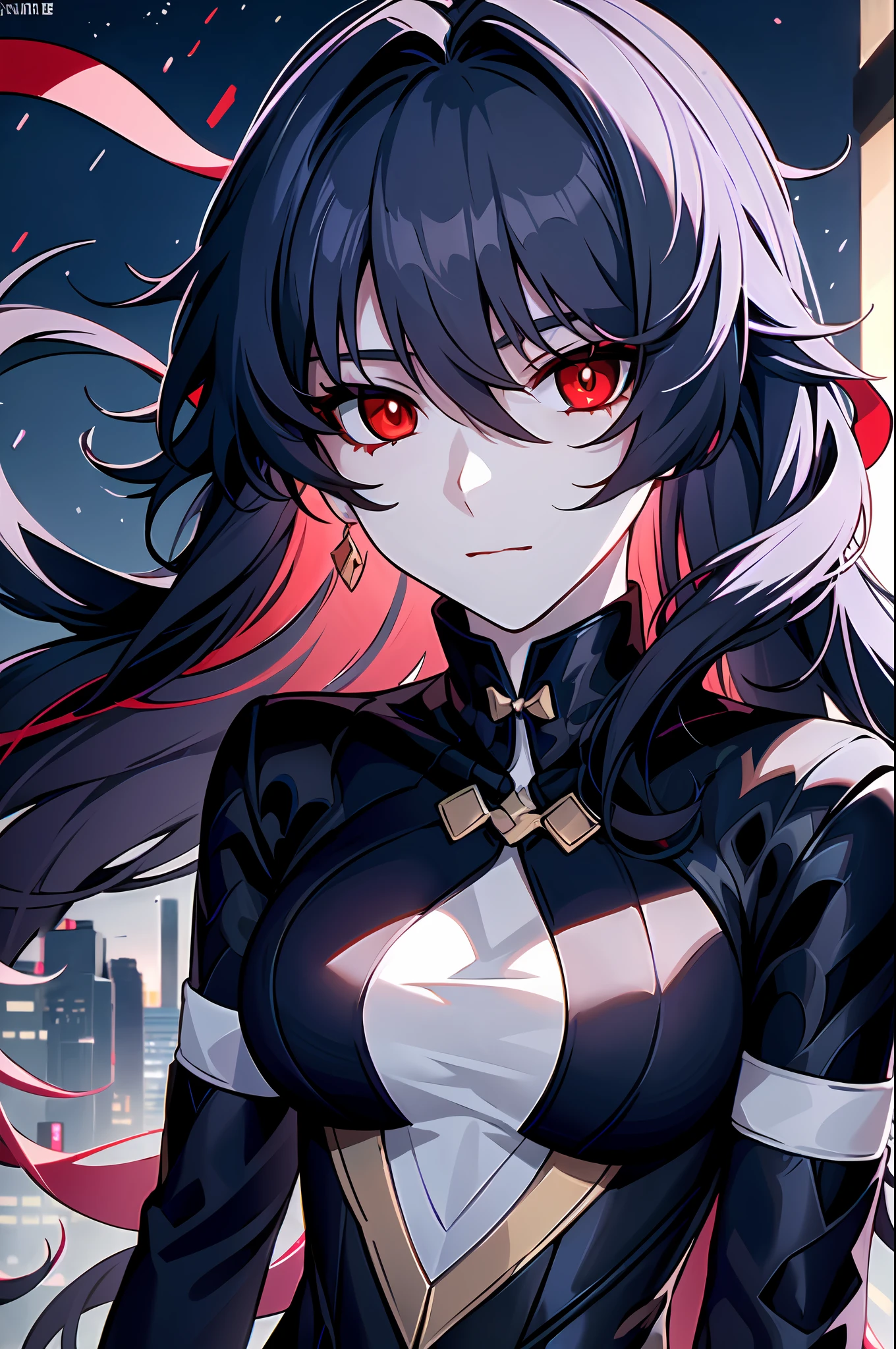 1girl, (solo:1.2), ((masterpiece)), slim, female, pale skin, ((detailed eyes)), (bokeh effect), (dynamic pose), black hair, long hair, black shirt, exterior. bandages, (red eyes), city