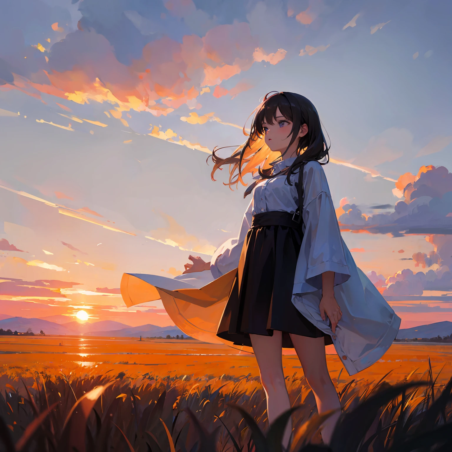 girl standing in field, closeup, portrait, clouds, sunrise