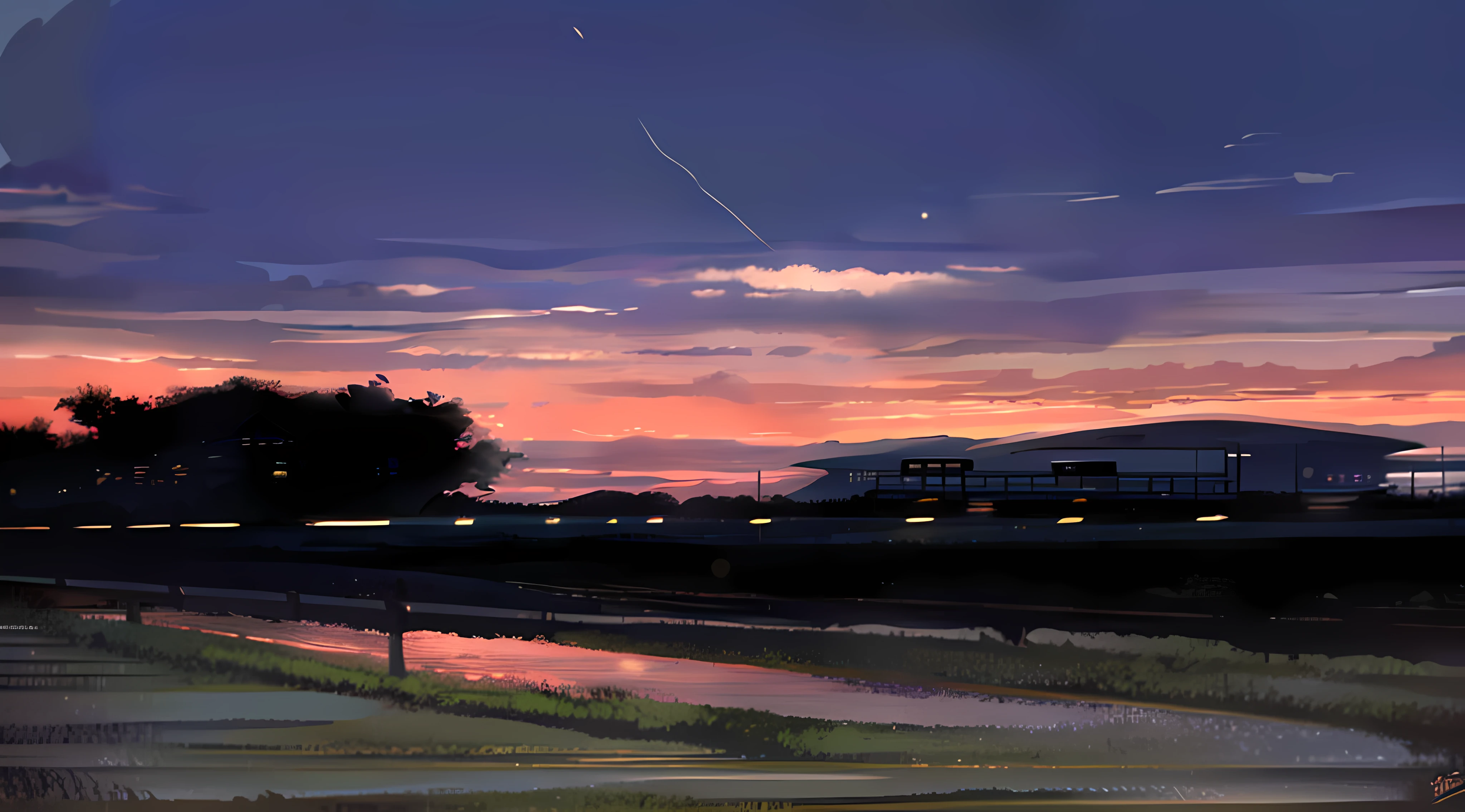There is a picture of the sunset，Trains pass by, sunsettime, beautiful dusk, Colorful sunset!!, Sunset in the distance, Sunset in the background, vibrant sky, dusk sunset in background, The most beautiful sunset, beautiful and spectacular dusk, real sunset, moody sunset in background, sunset evening lighting, Evening sunset, sunset ligthing, With sunset