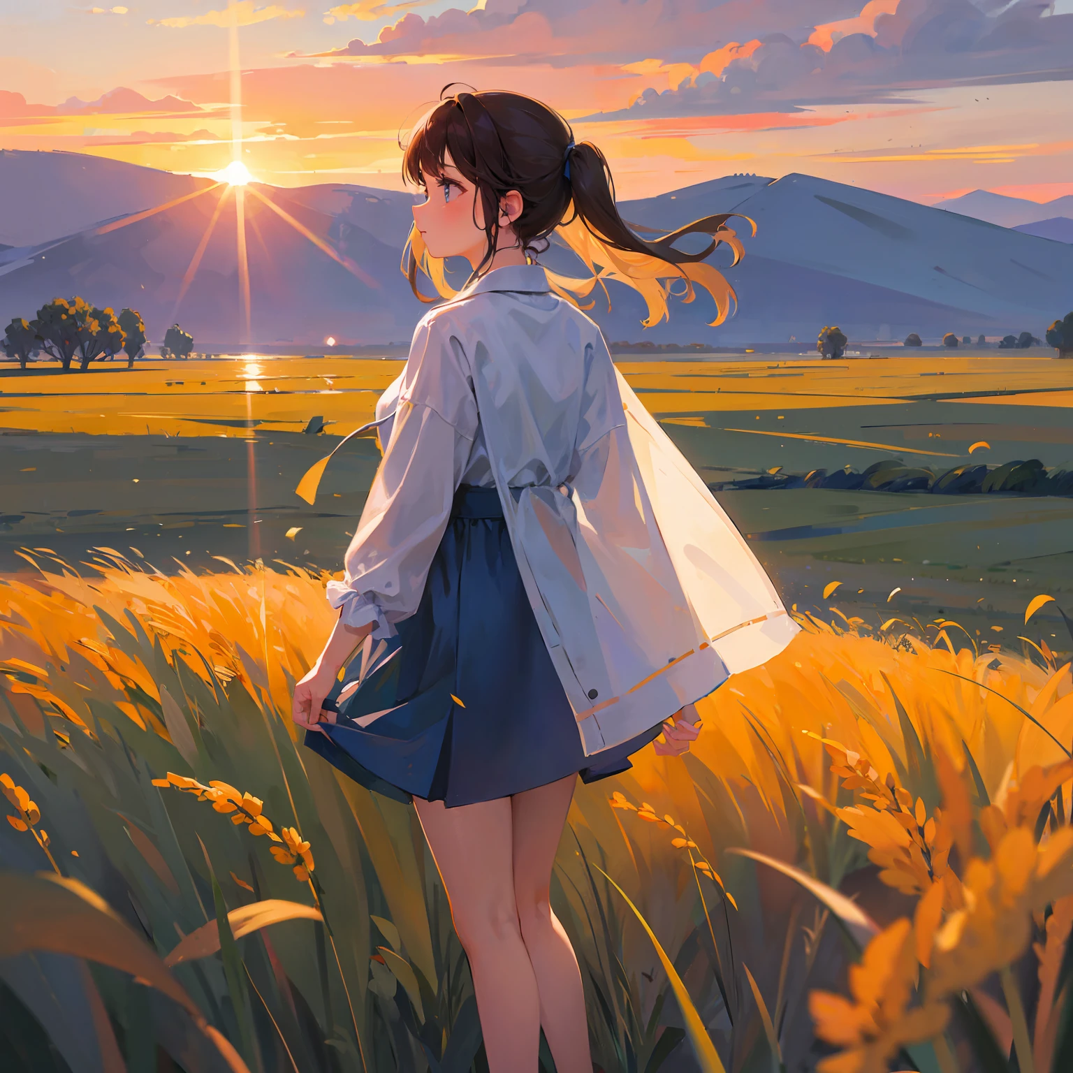 girl standing in field, closeup, portrait, clouds, sunrise