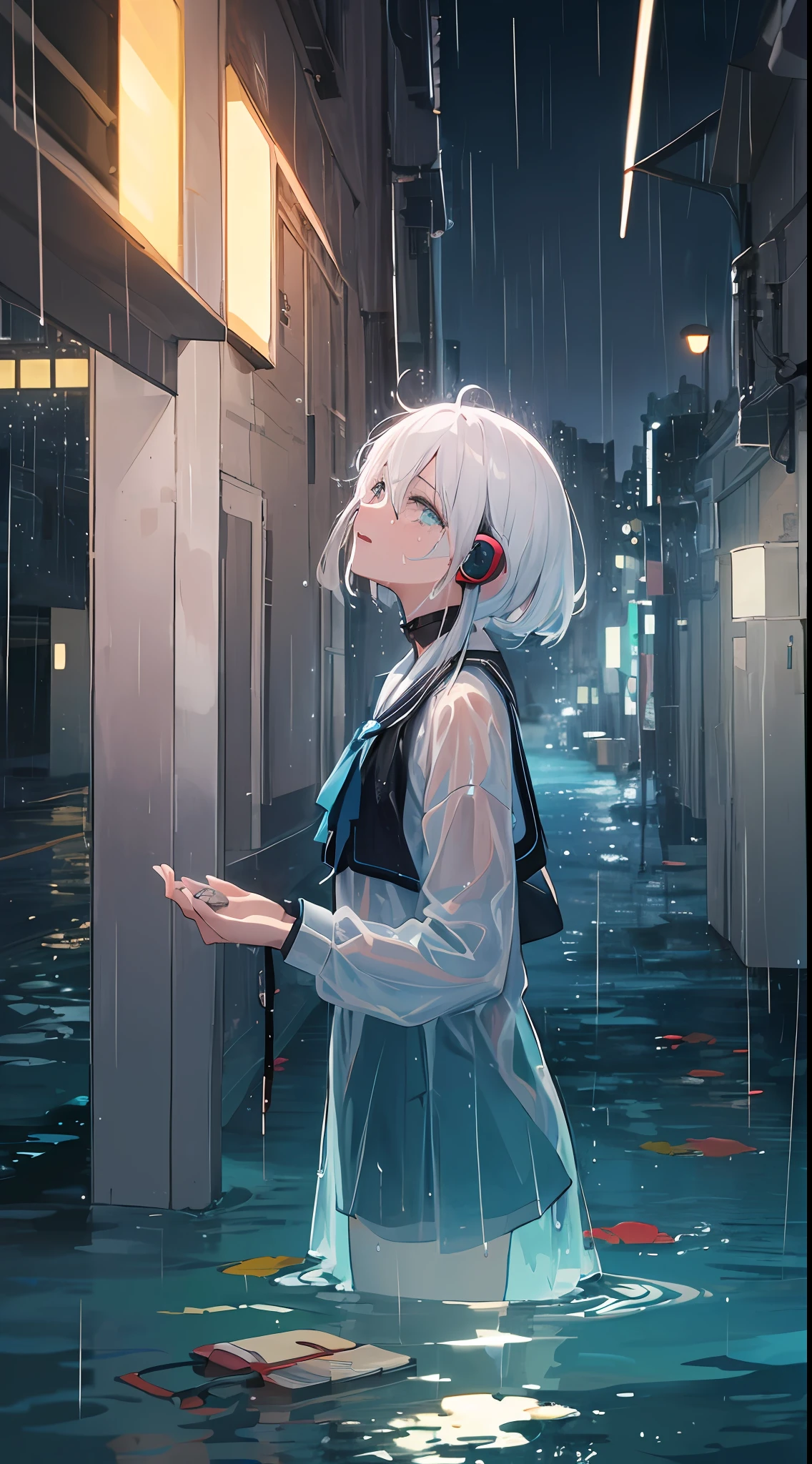 ((​masterpiece)),((Rain)),(((Transparent))),(high-level image quality),8K,4K,Blue base illustration,((natta)),(chee),(Music),((head phone)),Woman in the center,being hit by rain,is crying,Inspired by music,(Transparent hair),Looking into the distance,Horizon,((The only light)),(Staring at the light),((In the dark sea))