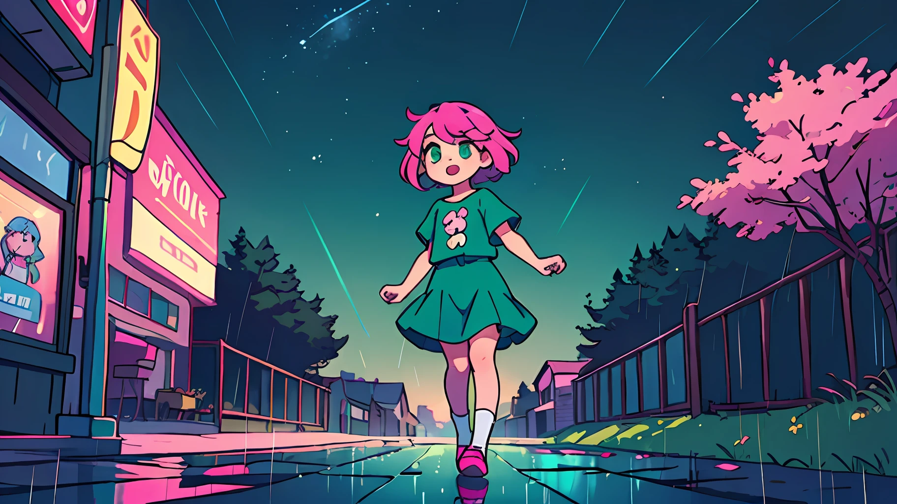 Cartoon Girl，Stand up，Emerald green eyes，Blue-pink hair，Ordinary street，Rainy days，Cute，floated hair，Short stature，Petite and attractive figure，Lovely looks，starrysky，Dazzling sky --auto