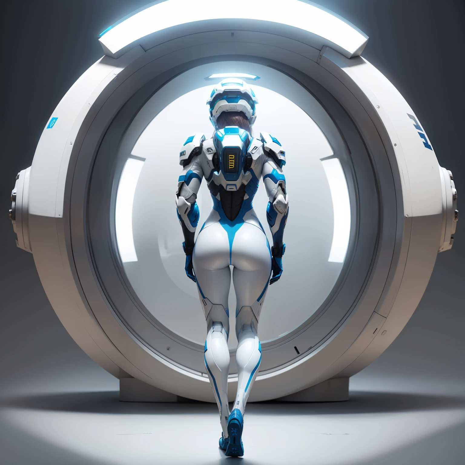 halo,femele,blue,White suit,Bring a helmet,The helmet covers the entire face,Very long legs,standing on your feet,Full body photo,Back,helmet,The butt is round,focus on ass,8k