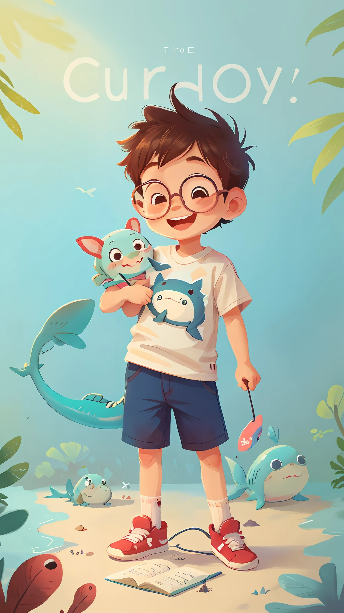 a cute boy, wearing a shark shirt, holding a  shark, smiling, short, wearing glasses, baby cuteshark,