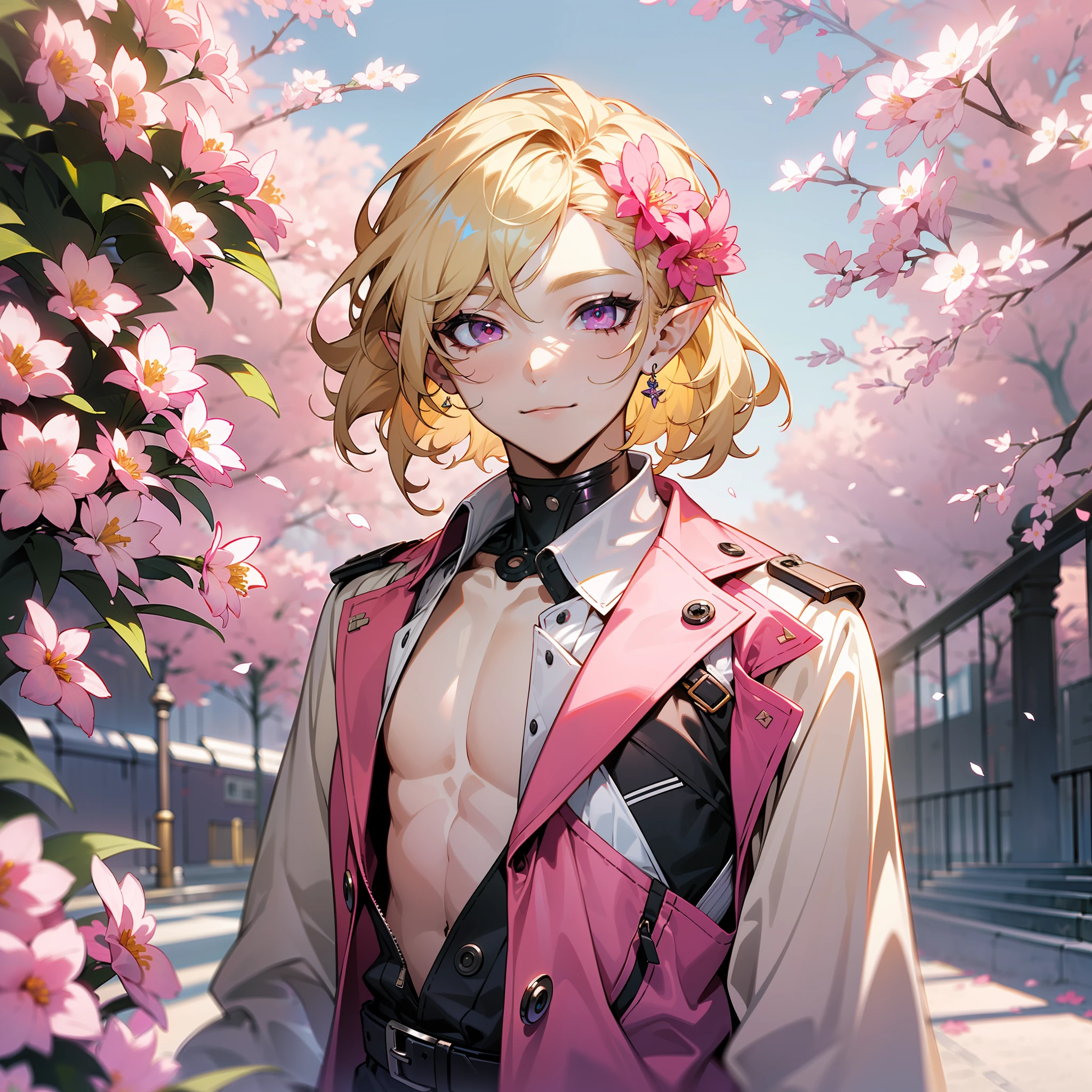 young man, twink, (((male))), (((man))), (((one person))), single, solo, 1guy, (((very light blonde hair))), (((pink colored eyes))), (medium short hair), (chin-length hair), wavy hair, slim body, ((flat chest)), (((wearing flowers in his hair))), flowercrown, ((pointy ears)), (((light pink colored eyes))), smooth skin, smiling, ((wearing street fashion style clothes)), (((wearing modern and futuristic clothes))), (((street fashion))), (((kpop style))), white flowers, purple flowers, light pink flowers, ((wearing clothes)), belts, flower accessories