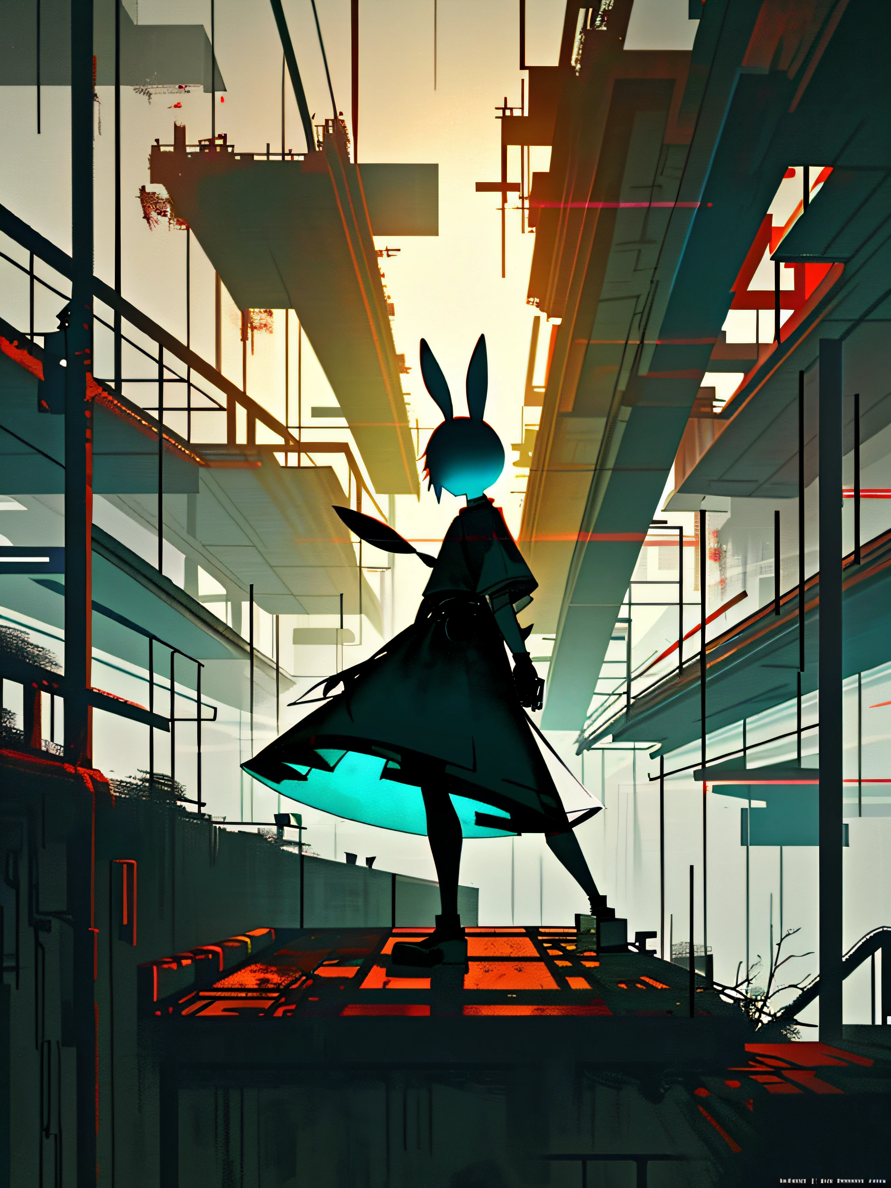 (blame! style abandoned tech landscape), (Zen, Amy Sol style), (underground, dark, foggy, perilous, abandoned dystopian apartment bedroom, deep windows), (abstract anthro rabbit figure wearing bunny ears), cover art with light abstraction, abstract, simple vector art, contemporary Cybernetic art, color gradients, soft color palettes, layered forms, whimsical animation, style Ethereal abstract, 4K, --v6