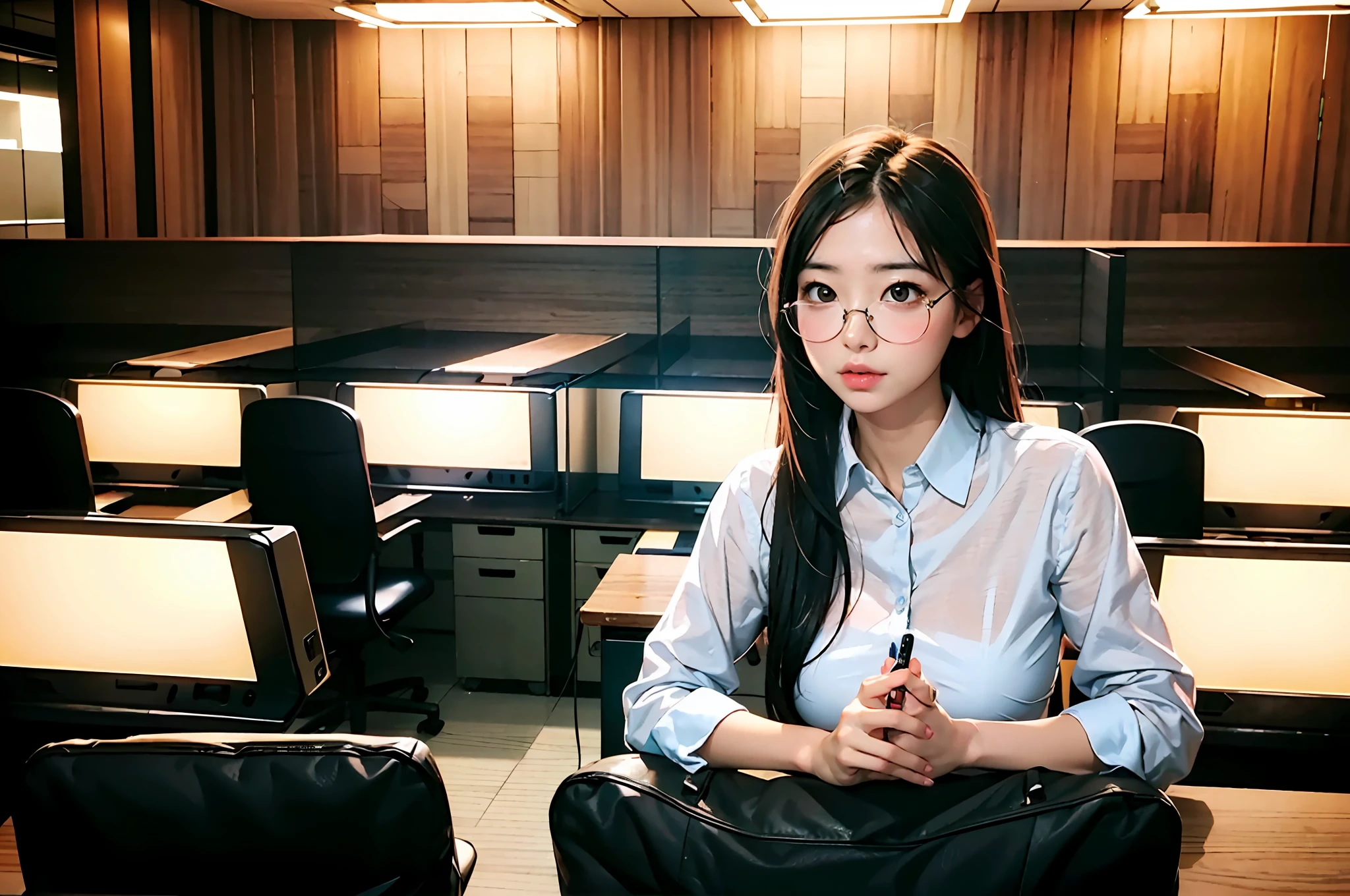 masterpiece, best quality, photorealistic, ultra highres, office background, Japanese cute woman, working in front of computer, sitting, white shirt, glasses, black long hair