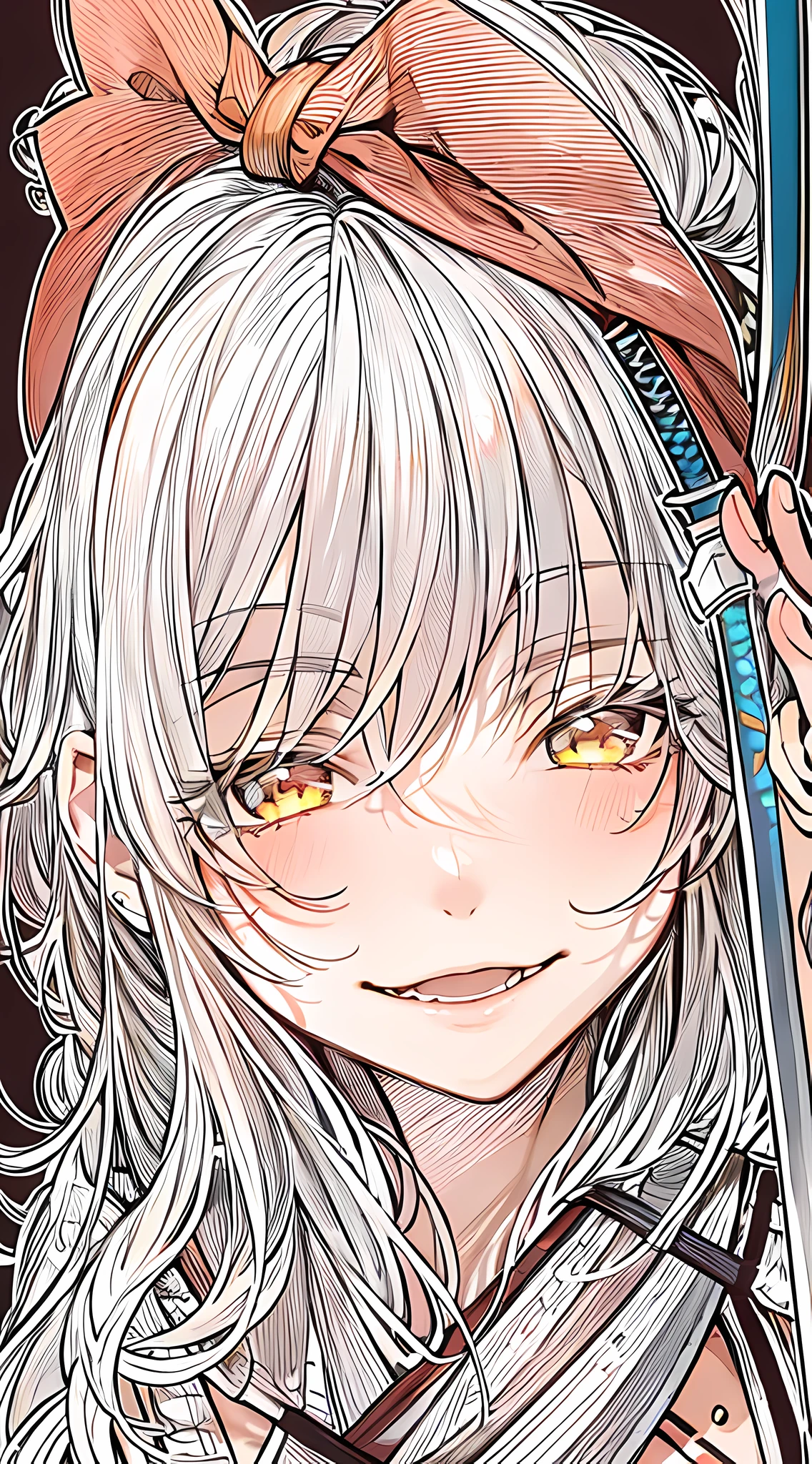 tmasterpiece,Best quality at best,1girl,独奏,long whitr hair,lookingat_peeping at the viewer,ssmile,By bangs,Keep one's mouth shut,Line drawings, Mono Color,valkyrie,Japanese katana in hand,The knife is unsheathed,beachside,Sunset,huge tit,komono,The package is tight,Delicate skin,Delicate facial features