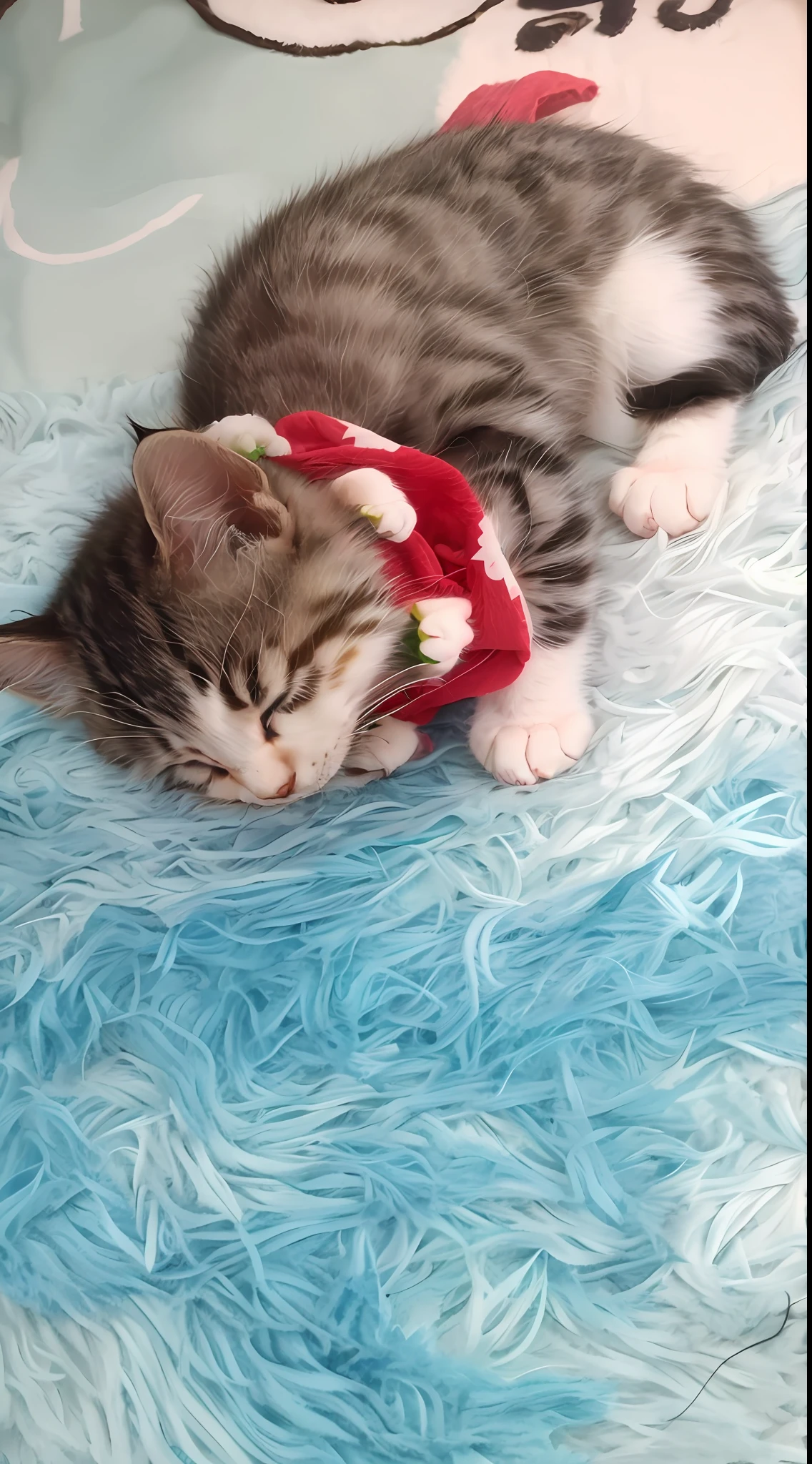 ultra cute, Cute kitten，With his eyes closed，Lying on a blue blanket，Wearing a red and white scarf, Wait for feeding，shaggy，Details added，A lot of detail！！ -s2 --auto