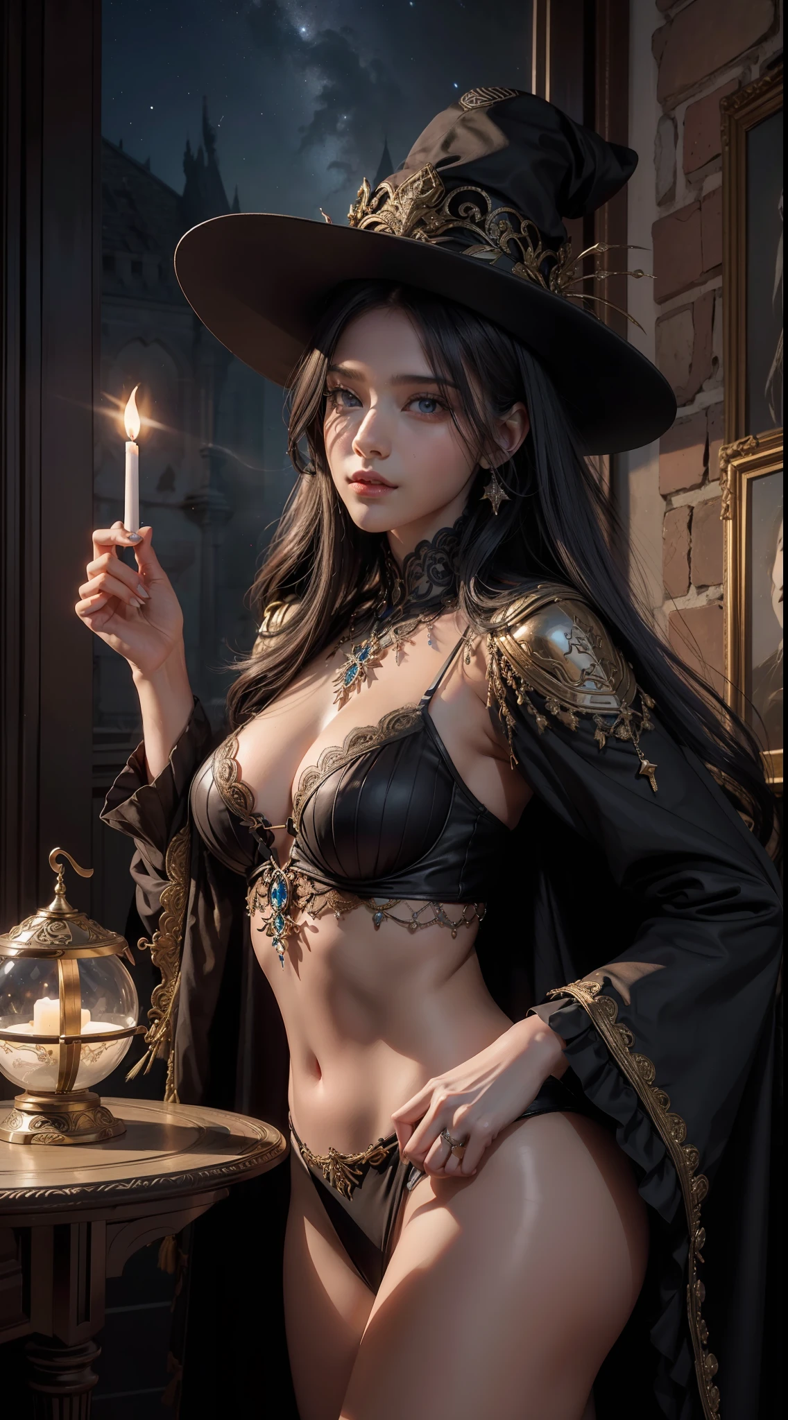 ((obra-prima)), (((melhor qualidade))), ((Ultra Detalhado)), (Awesome: 1.1), ((papel de parede extremamente detalhado da unidade CG 8k)), (8k, Foto RAW, melhor qualidade, obra-prima: 1.2), (realista, Foto realista: 1.4), (renderizado: 1.4), (renderizado: 1.4), Ultra realismo, high-resolution, NVIDIA RTX Ray Tracing, octane render, imagem de corpo inteiro, 1 garota linda, olhando para o espectador, Maga reading a great grimoire of magic in an ancient library in a medieval stone brick tower, Her hair is long and black with shine, wearing a big wizard hat, His eyes are large and blue and well detailed, ela usa vestes escuras negras e azuis estampadas com estrelas prateadas e luas crescentes brilhantes, wand of condon in one of his hands, leve sorriso, rosto detalhado, biting lips, sexual excitement, sexual expression, corpo voluptuoso, thick legs with well-defined muscles, quadris largos, cintura fina, well-defined abdomen, seios grandes e empinados, mamilos protuberantes pontudos, pele parda com leve brilho de suor, estantes de livros antigos ao fundo, room is slightly dark, lighting by chandeliers and torches on the walls, slight haze of smoke comes out of candles and torches, Magical crystal ball with purple luminescent aura and purple rays on an ancient wooden table in the background, grandes janelas em arco, Deeply dark night through the windows, very starry dark sky, estrelas cadentes, grande lua semicoberta por nuvens, raios de luz da lua, diffuse lighting, fantasia, intrincado, dinamic angle, diffuse lighting, fantasia, intrincado, elegante, altamente detalhado, realista, fotorrealista, art-station, arte conceitual, smooth and sharp focus, circunstanciado, intrincado, Foto premiada, BLN-L24, exposure, Alto contraste, 8k 3D, cinematic lighthing.