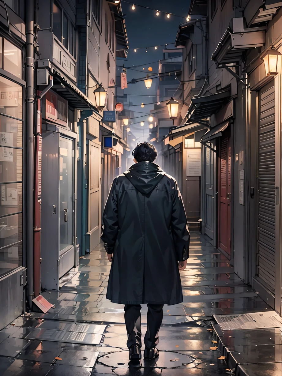 ,Masterpiece, Best quality,8K, 超高分辨率,In a dimly lit alley,The grieving man leans against the wall,Carrying a heavy heart。