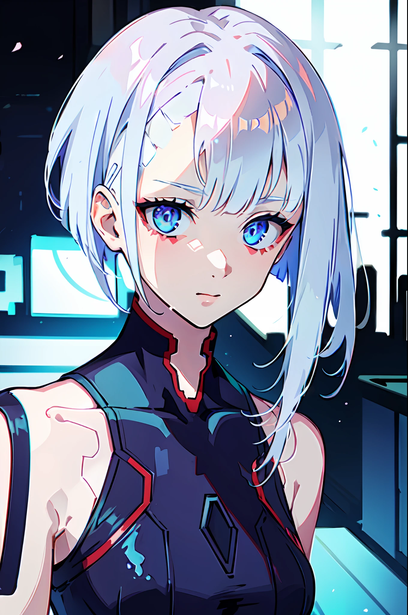 1girl, (solo:1.2), ((masterpiece)), slim, small chest, pale skin, ((detailed eyes)), (bokeh effect), short hair, white hair, blue hair, blue eyes, interior