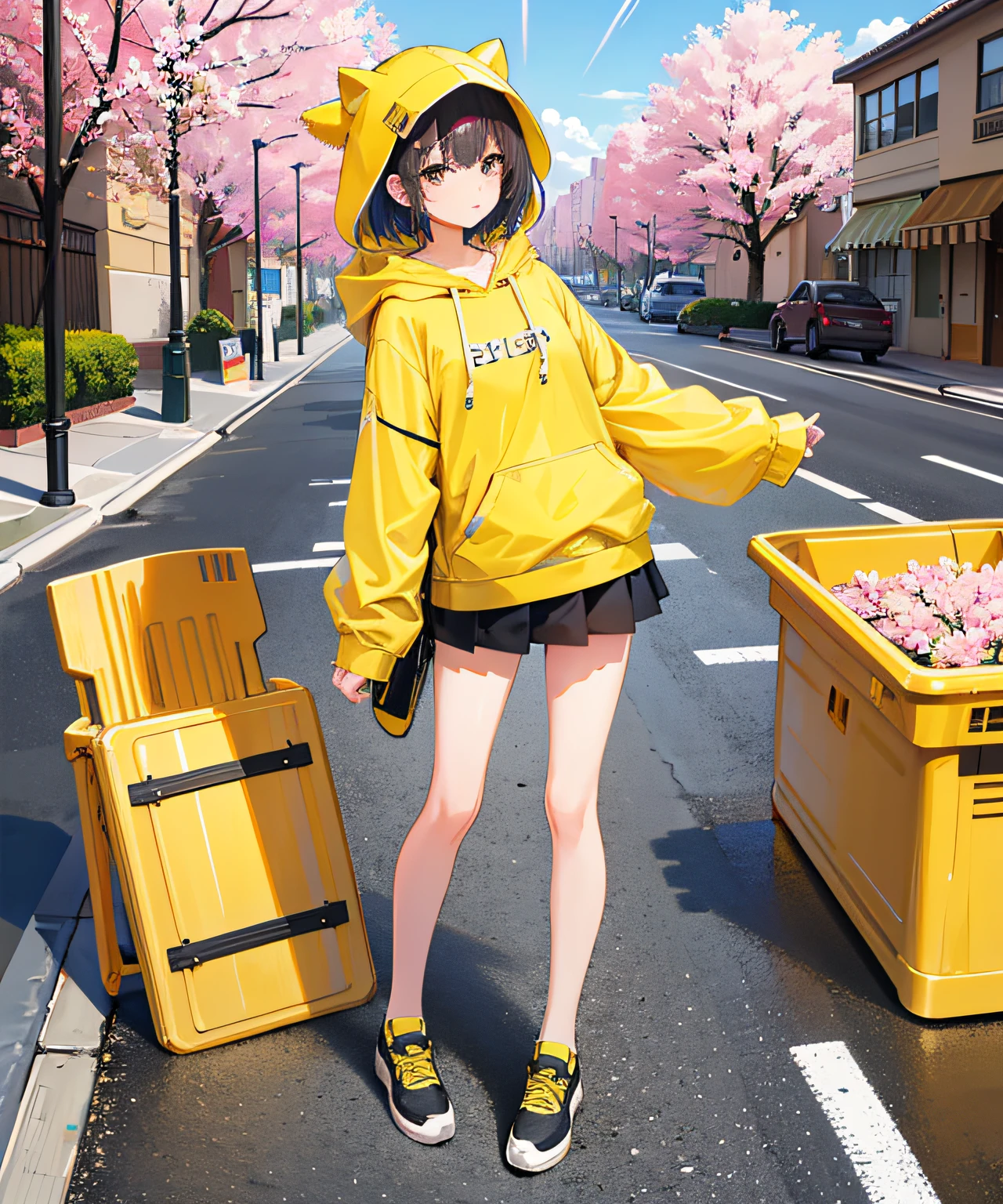 Masterpiece,1girll,long leges,Full body photo,Solo,unbelievable Ridiculous,Yellow hoodie,Earphone, street,exteriors,the street,rainbowing,the cherry trees,SakuraNS