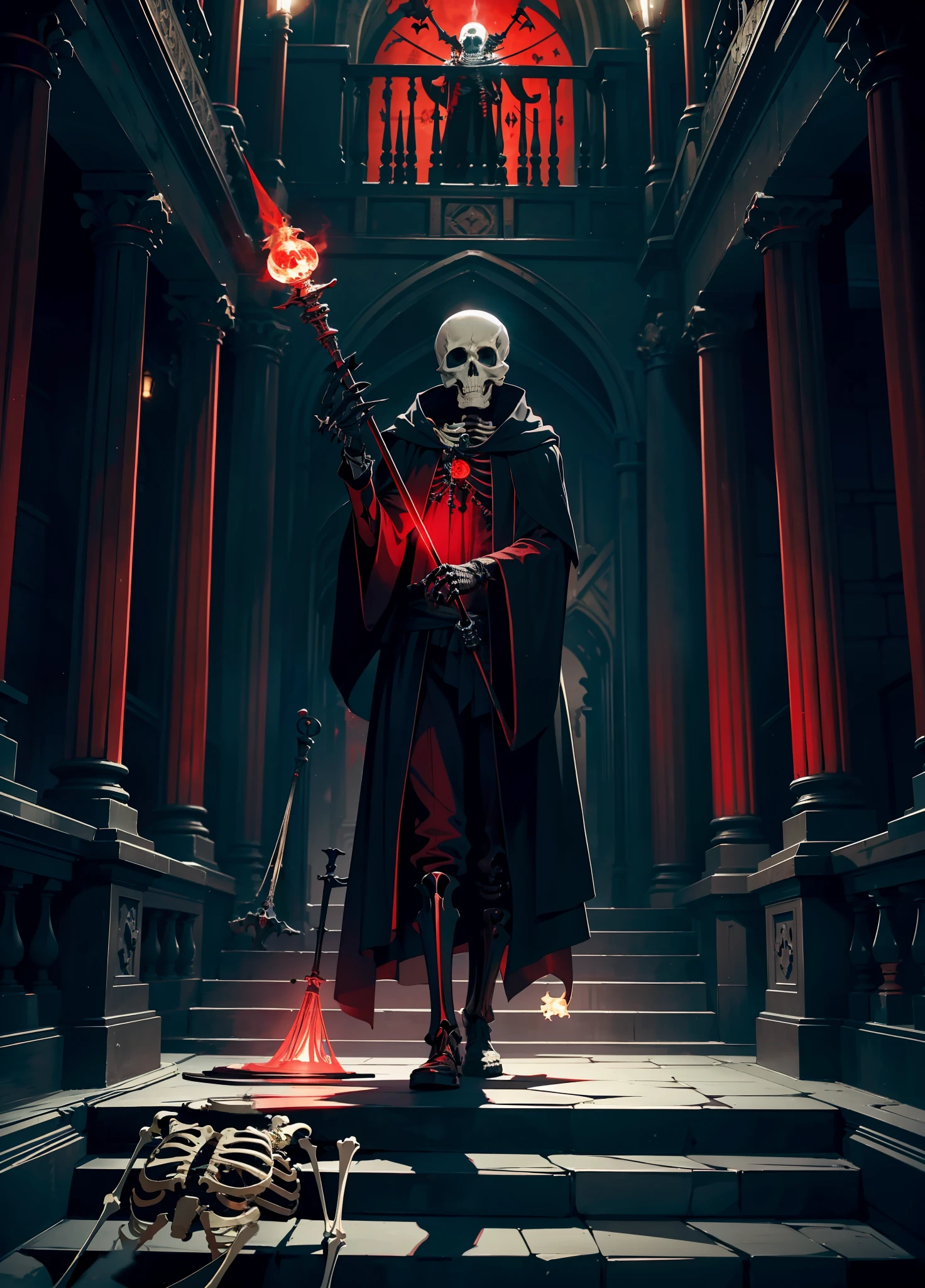 The skeleton, bones, eyes emitting a red light, the black robe of a wizard, holding a exaggerated magic staff, the background is a staircase made of bones, in the dark, details rich, high quality