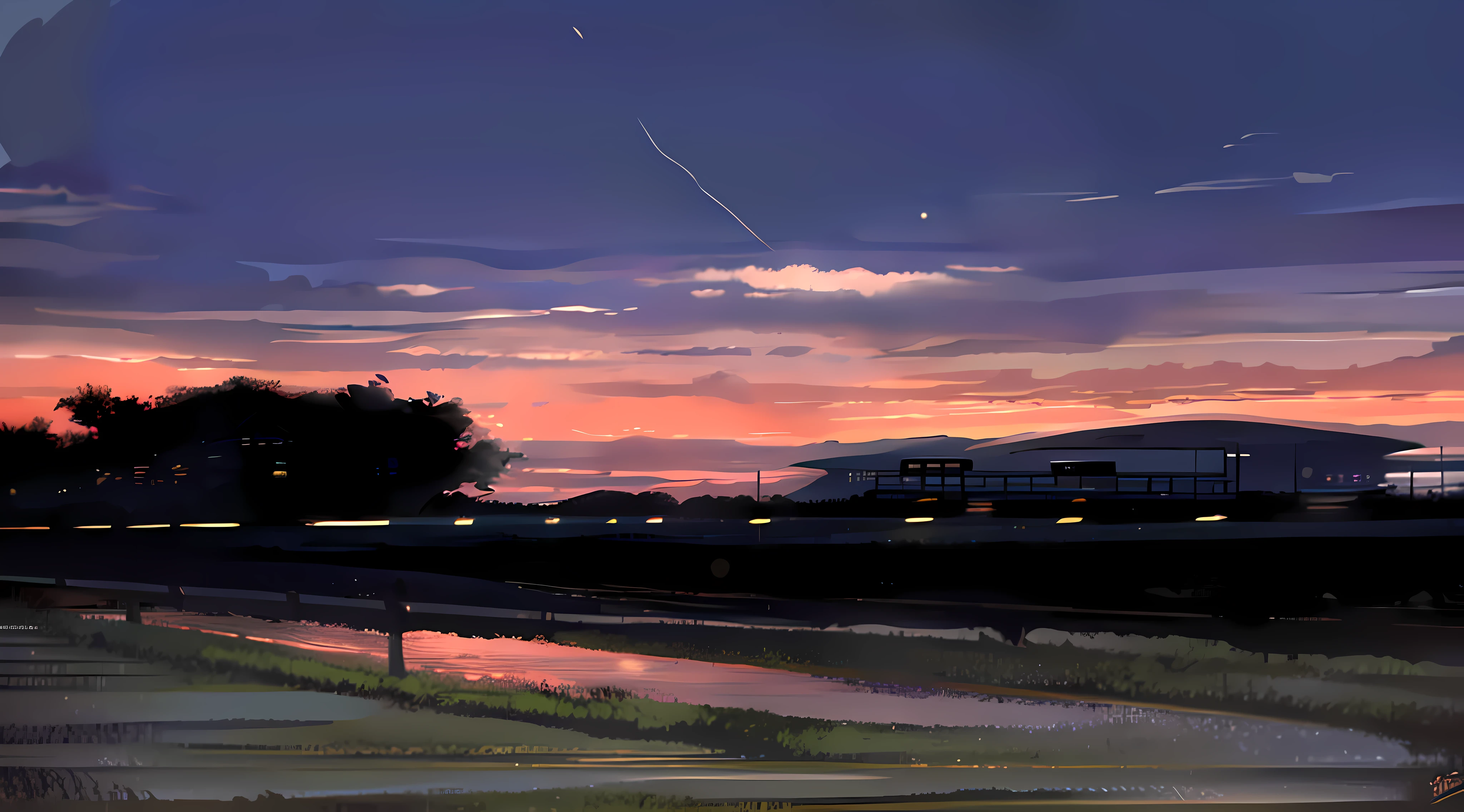 There is a picture of the sunset,Trains pass by, sunsettime, beautiful dusk, Colorful sunset!!, Sunset in the distance, Sunset in the background, vibrant sky, dusk sunset in background, The most beautiful sunset, beautiful and spectacular dusk, real sunset, moody sunset in background, sunset evening lighting, Evening sunset, sunset ligthing, With sunset