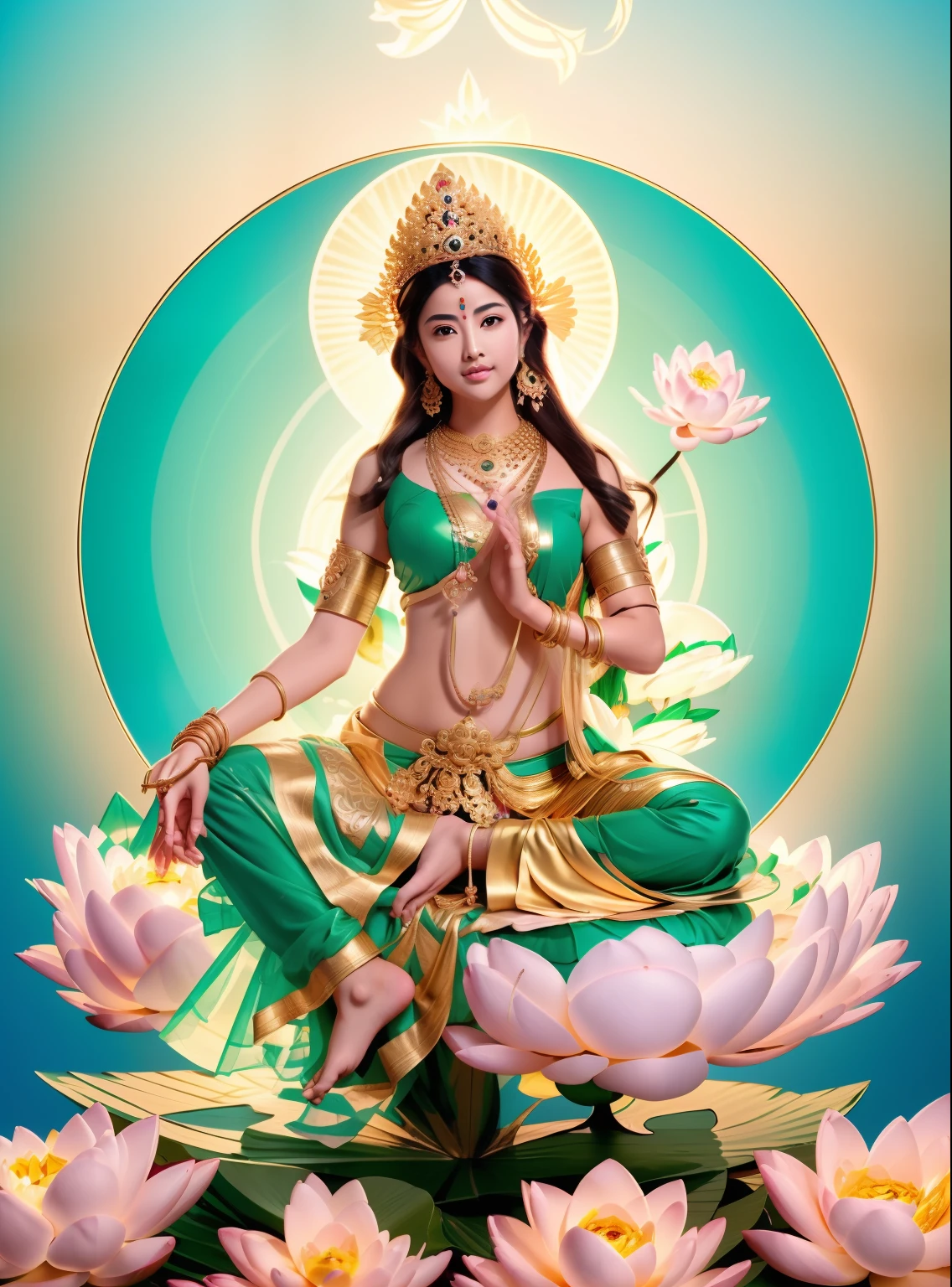 Beautiful green Tara skin is green，sitting on a lotus flower，Cross one leg， (((Body skin is green)))，Delicate，Bright big eyes look at the audience，Long time brilliant，hand seal，Hold the flower in your right hand，Lift it，The left hand is a mudra，Palms facing outward，Complete foot structure，Barefoot，The sky behind the head has a circular circle of light，Light，The bodhisattva sits，（primitive：1.2），（realisticlying：1.4），（Sharpness：1.2），16 yaers old，(((body high：1.5))),（（Gemstones refract dazzling light）），（（middlebreast：1）），（Abs：0.7），（glute：1.2），(healthy-looking skin， Thin skin， seductiveexpression， 二重まぶた，Jelly textured lips， Glowing lips，Small upturned lips，Shiny skin，(((Flawless skin texture)))，Real pores，ctextured skin，choker necklace，Wear a lot of Yingluo，（Wear gemstones，pearls，hisui，amber，），（（Gorgeous and exquisite crown，gemstone setting）），（Dynamic hair，long whitr hair，Beaded hairpins，Nobile，Delicate skin texture），Glossy glossy skin，Glowing skin，Radiant hair，The head is illuminated with an aperture，The body shines， High quality detailing， Cinematic lighting，,absurderes, unbelievable Ridiculous, hugefilesize, ultra - detailed, A high resolution, The is very detailed，best qualtiy，tmasterpiece，illustratio，The is very detailed，CG，unified，8k 壁纸，Amazing Cleavage，finely detailled，tmasterpiece，(((dynamicposes)))，((Correct anatomy)),(((Correct dissection))，indian goddess of wealth，