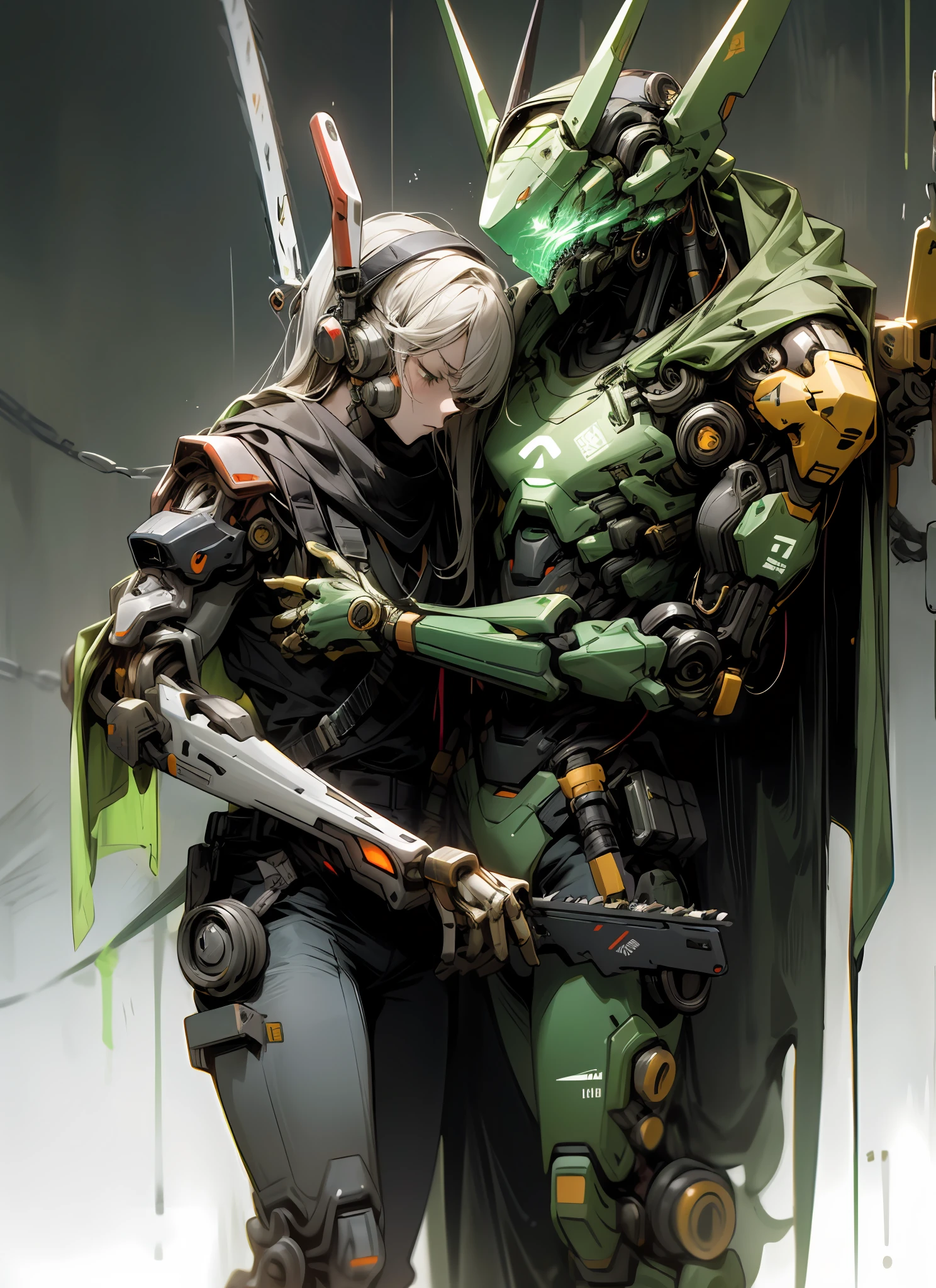 Dark_fantasy,cyber punk perssonage,(Chainsaw,chainsawman,red colour:1.1),Mechanical small snake latch,1人,Mechanical Wonder,Robotic presence,cybernetic guardians,green color,full bodyesbian