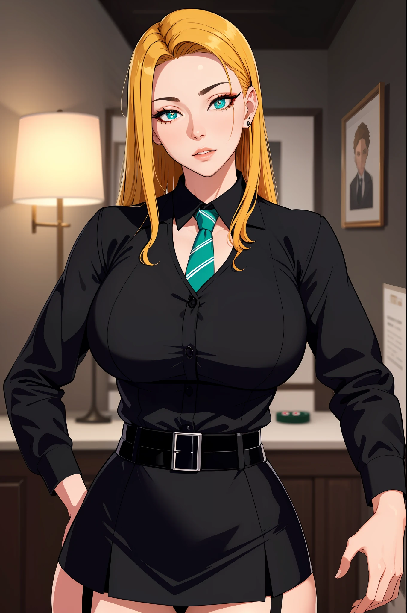 (masterpiece, highres, best quality:1.2), 8K, highly detailed, intricate, colorful, vibrant image, sharp focus, cinematic)  blonde hair, long hair, green eyes, body builder (Wearing black business outfit, black_collared shirt cropped jacket ,tie,necktie,black frilled skirt, garter straps, leather waist belt) (big perfect round breasts,hourglass body, thin waist,very thin waist, Photo realistic,(hyperrealistic:1)beautiful, masterpiece, best quality, extremely detailed face,perfect face,beautiful face, perfect lighting,detailed eye makeup, detail face, nice detailed eyes,nice hands, perfect hands,glowing eyes (realistic pupils,realistic iris:1) heavy eye makeup,(empty Casino)(Posing dynamically)