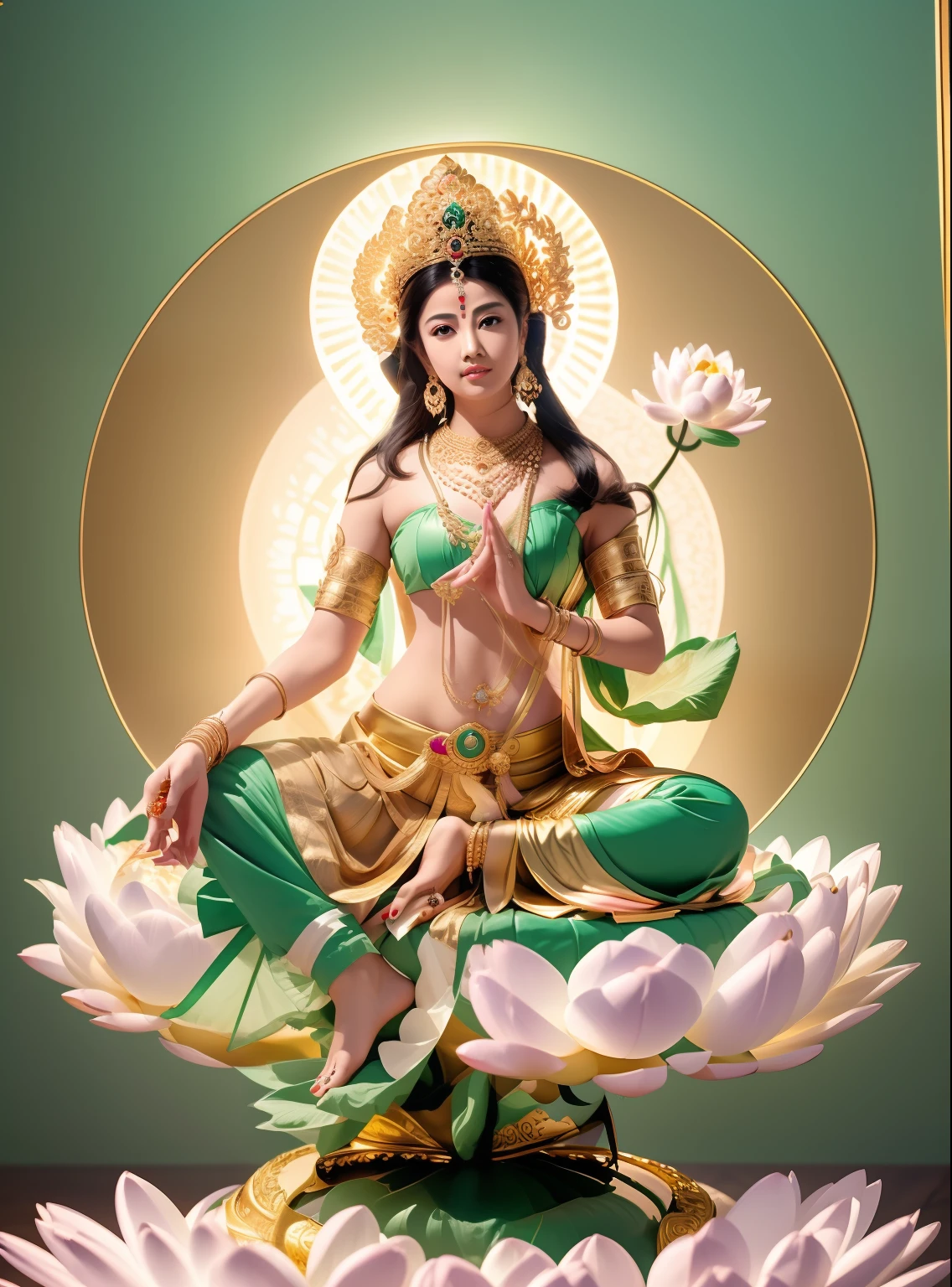 Beautiful green Tara skin is green，sitting on a lotus flower，Cross one leg， (((Body skin is green)))，Delicate，Bright big eyes look at the audience，Long time brilliant，hand seal，Hold the flower in your right hand，Lift it，The left hand is a mudra，Palms facing outward，Complete foot structure，Barefoot，The sky behind the head has a circular circle of light，Light，The bodhisattva sits，（primitive：1.2），（realisticlying：1.4），（Sharpness：1.2），16 yaers old，(((body high：1.5))),（（Gemstones refract dazzling light）），（（middlebreast：1）），（Abs：0.7），（glute：1.2），(healthy-looking skin， Thin skin， seductiveexpression， 二重まぶた，Jelly textured lips， Glowing lips，Small upturned lips，Shiny skin，(((Flawless skin texture)))，Real pores，ctextured skin，choker necklace，Wear a lot of Yingluo，（Wear gemstones，pearls，hisui，amber，），（（Gorgeous and exquisite crown，gemstone setting）），（Dynamic hair，long whitr hair，Beaded hairpins，Nobile，Delicate skin texture），Glossy glossy skin，Glowing skin，Radiant hair，The head is illuminated with an aperture，The body shines， High quality detailing， Cinematic lighting，,absurderes, unbelievable Ridiculous, hugefilesize, ultra - detailed, A high resolution, The is very detailed，best qualtiy，tmasterpiece，illustratio，The is very detailed，CG，unified，8k 壁纸，Amazing Cleavage，finely detailled，tmasterpiece，(((dynamicposes)))，((Correct anatomy)),(((Correct dissection))，indian goddess of wealth，