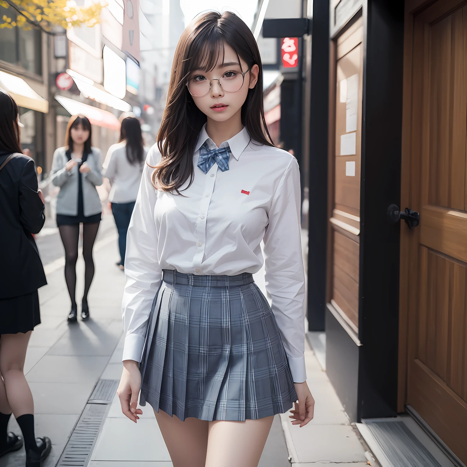 (8K、Raw photography、top-quality、masterpiece:1.2),absurderes,a small face,small tits,flat breast,Parting the bangs from the middle、Forehead visible,(Tight eyes,Bullish,skinny,Rasping,irate)、masterpiece,top-quality、超A high resolution,Raw photo,ren,Beautiful fece,One Person, 独奏,eye glass,,Dark look,Small breasts,fullllbody,Round glasses、cute little、A Japanese Lady,is standing,(Tight eyes,Bullish,skinny,Rasping,irate,small tits,flat breast)、(Photorealsitic:1.37)、Photon mapping,Light blue ribbon,Realistic、Cute little face,Brown-eyed、Black socks、(Red bow tie)、Radio City、Physically Based Rendering、Foreground、depth of fields、Blurry background、a picture,The girls、Body, Long legs, Thin leg,Hair to the shoulders,(Bangs are visible), hair, s lips, Blue_The eye, nosesoft,White shirt, Navy blue and white plaid pleated skirt, Knees are visible,Sheer clothing,, Thigh, Black cotton socks,Nogizaka Idol, 女優, Japanese ido