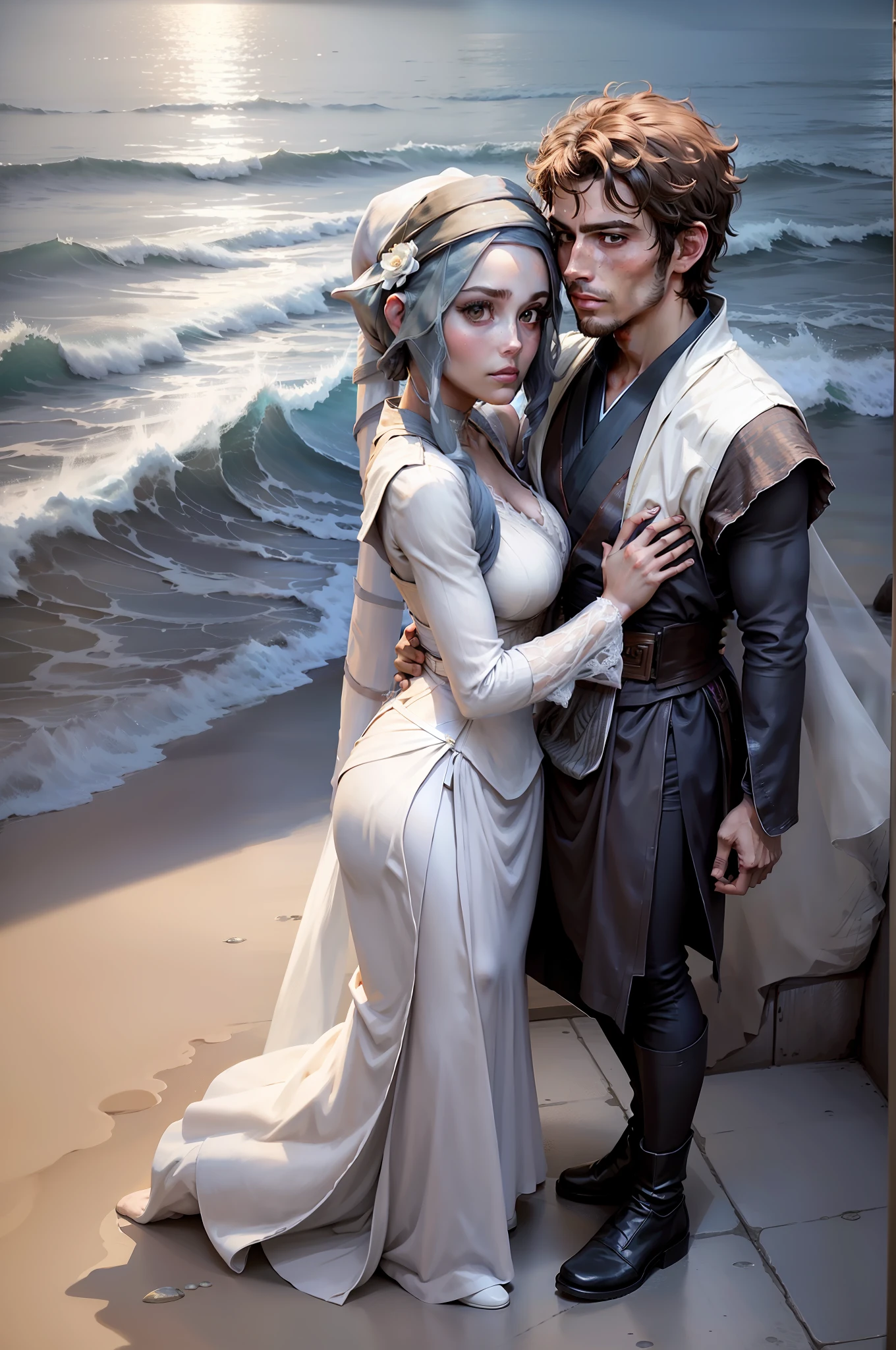 wedding, man and female, ocean view, waves, jedi robes, smugler robes, man is in white ceremonial jedi robes