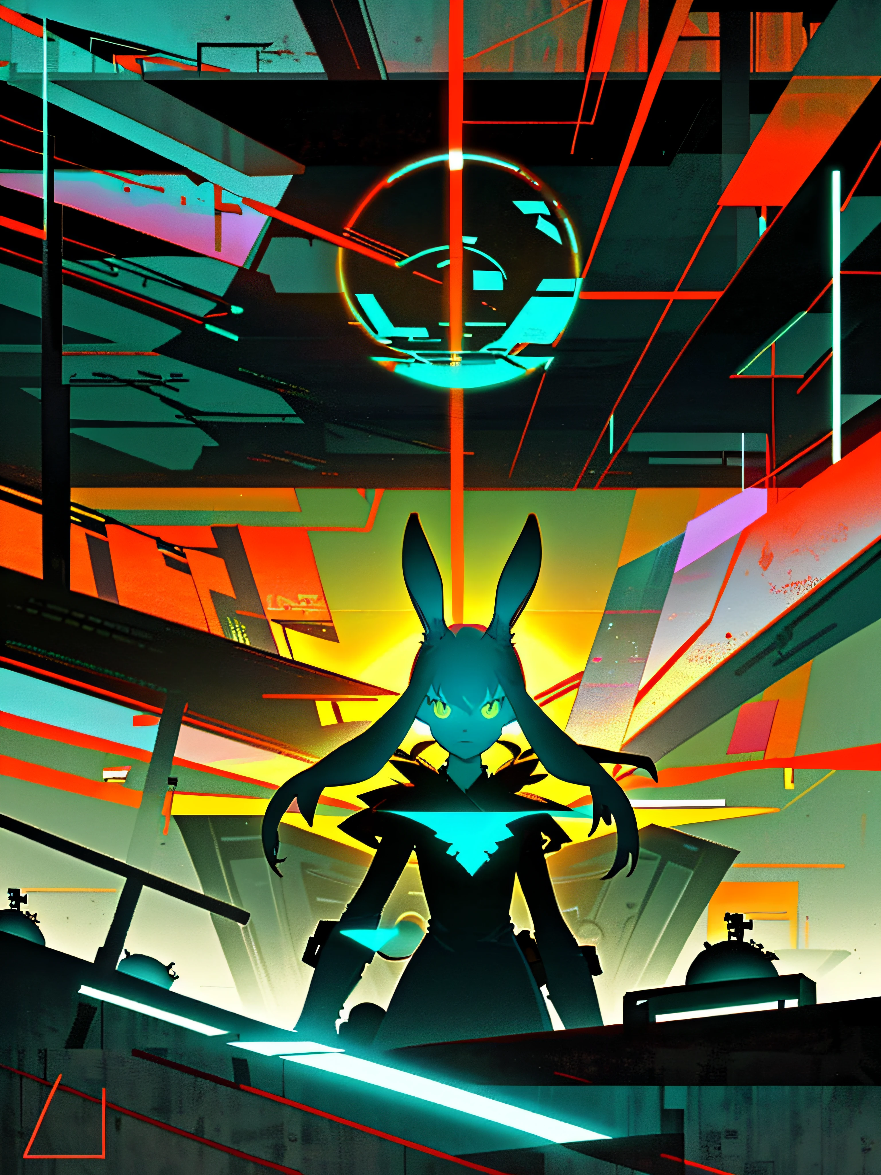 (blame! style abandoned tech landscape), (Zen, Amy Sol style), (underground, dark, foggy, perilous, abandoned dystopian apartment bedroom, deep windows), (abstract anthro rabbit figure wearing bunny ears), cover art with light abstraction, abstract, simple vector art, contemporary Cybernetic art, color gradients, soft color palettes, layered forms, whimsical animation, style Ethereal abstract, 4K, --v6