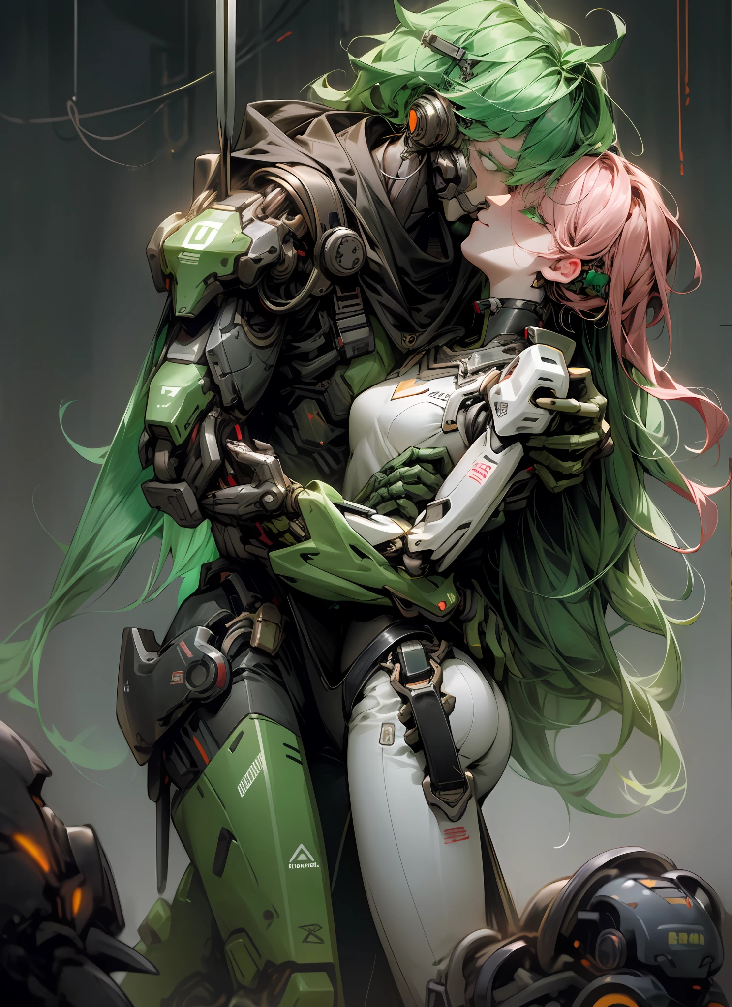Dark_fantasy,cyber punk perssonage,(Chainsaw,chainsawman,red colour:1.1),Mechanical small snake latch,1人,Princess hug,Mechanical Wonder,Robotic presence,cybernetic guardians,green color,full bodyesbian