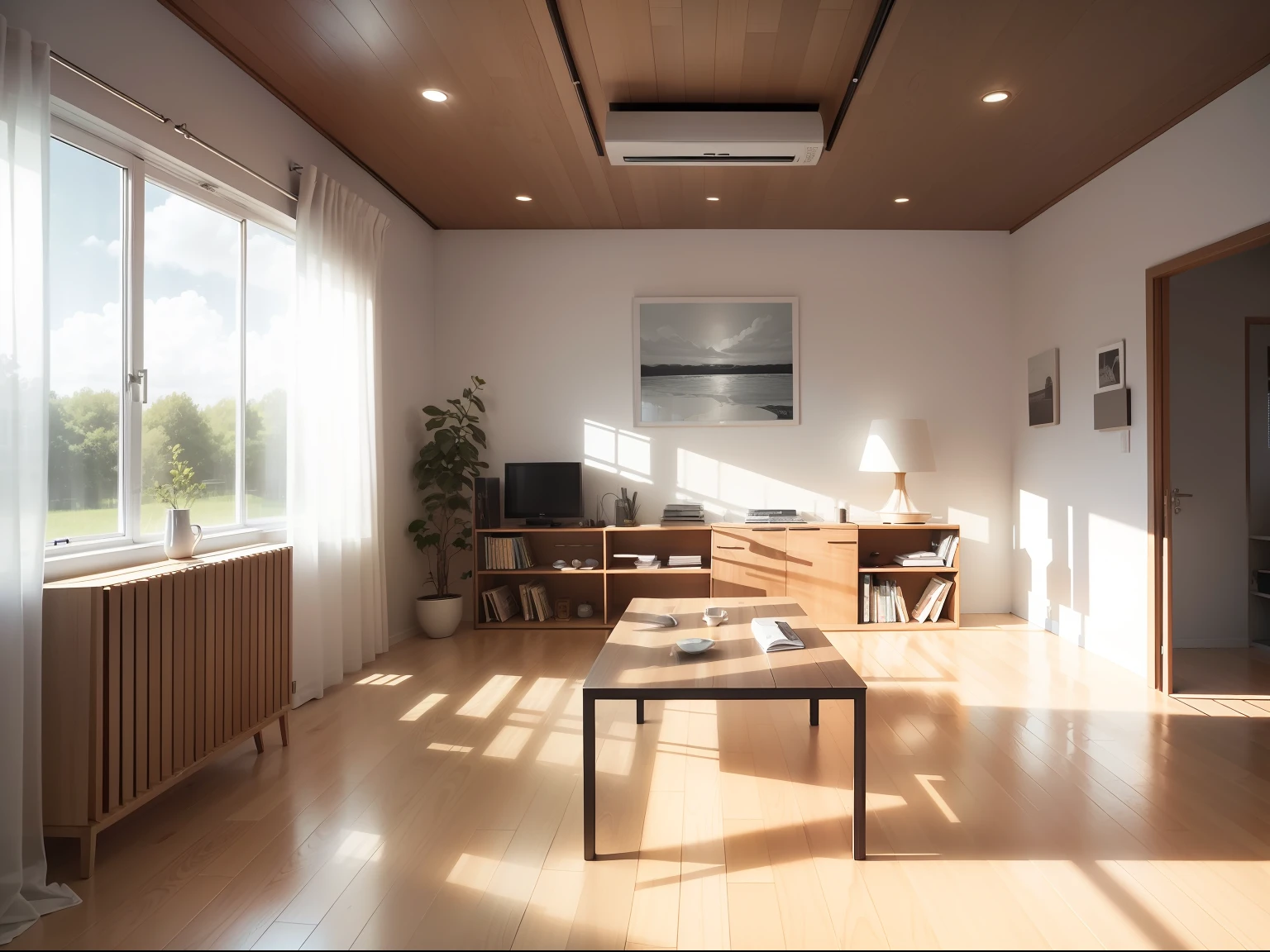 a sketch of a beautiful modern living room, (((foster and partners, artists impression, artistic impression, by Hamish MacDonald, by Carey Morris, by David Brewster, higher detailed illustration, by Helen Berman, an illustration, detailed illustration, by Nick Fudge, by Warren Mahy, artist's impression))), a red kitchen cabinet behind the white sofa, with minimal pictures on the wall, linen curtain next to the classroom window, coffee table, modern wood, ceiling with magnetic emissive lighting, white fabric PRB textures, wooden floor PRB texture,