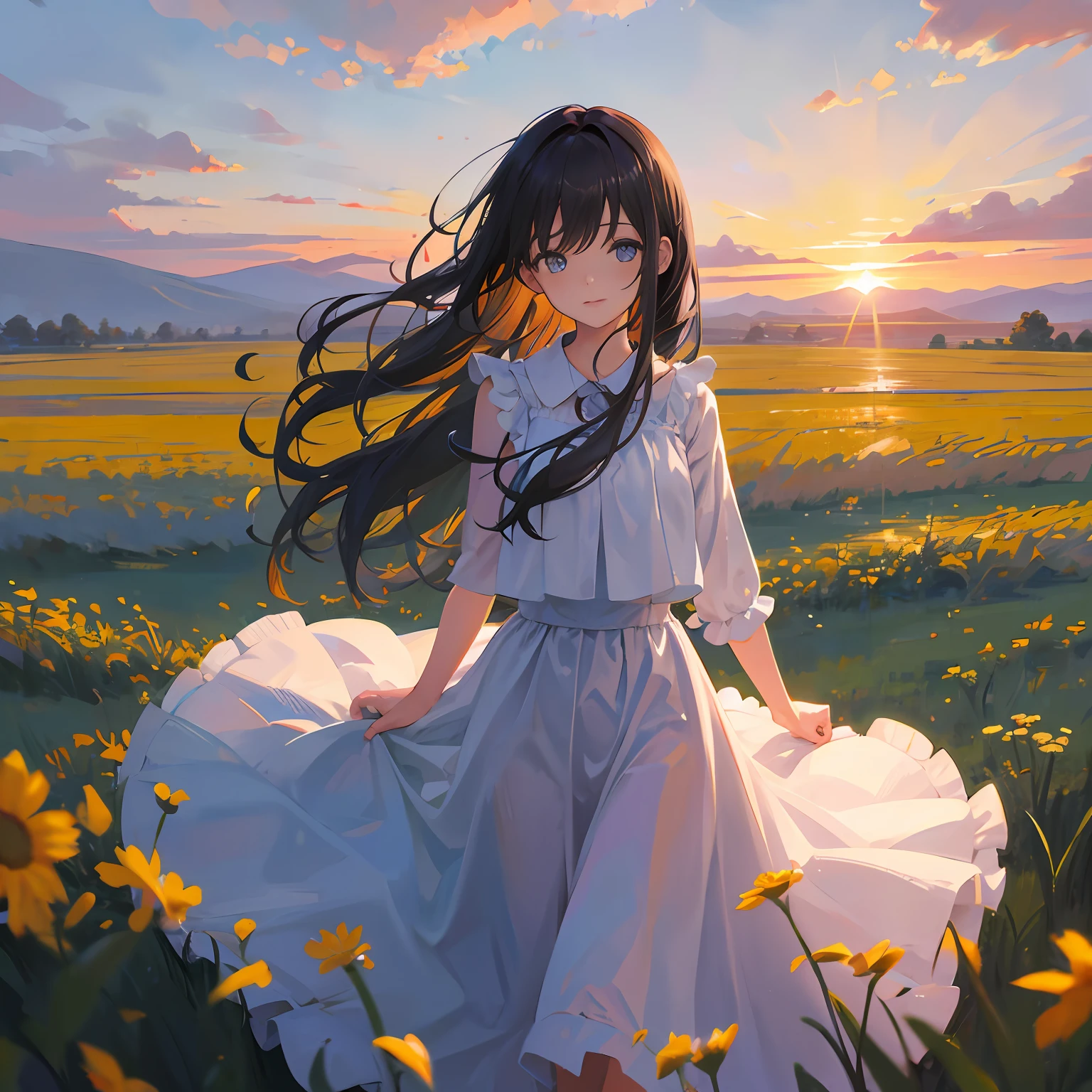 girl standing in field, closeup, portrait, clouds, sunrise