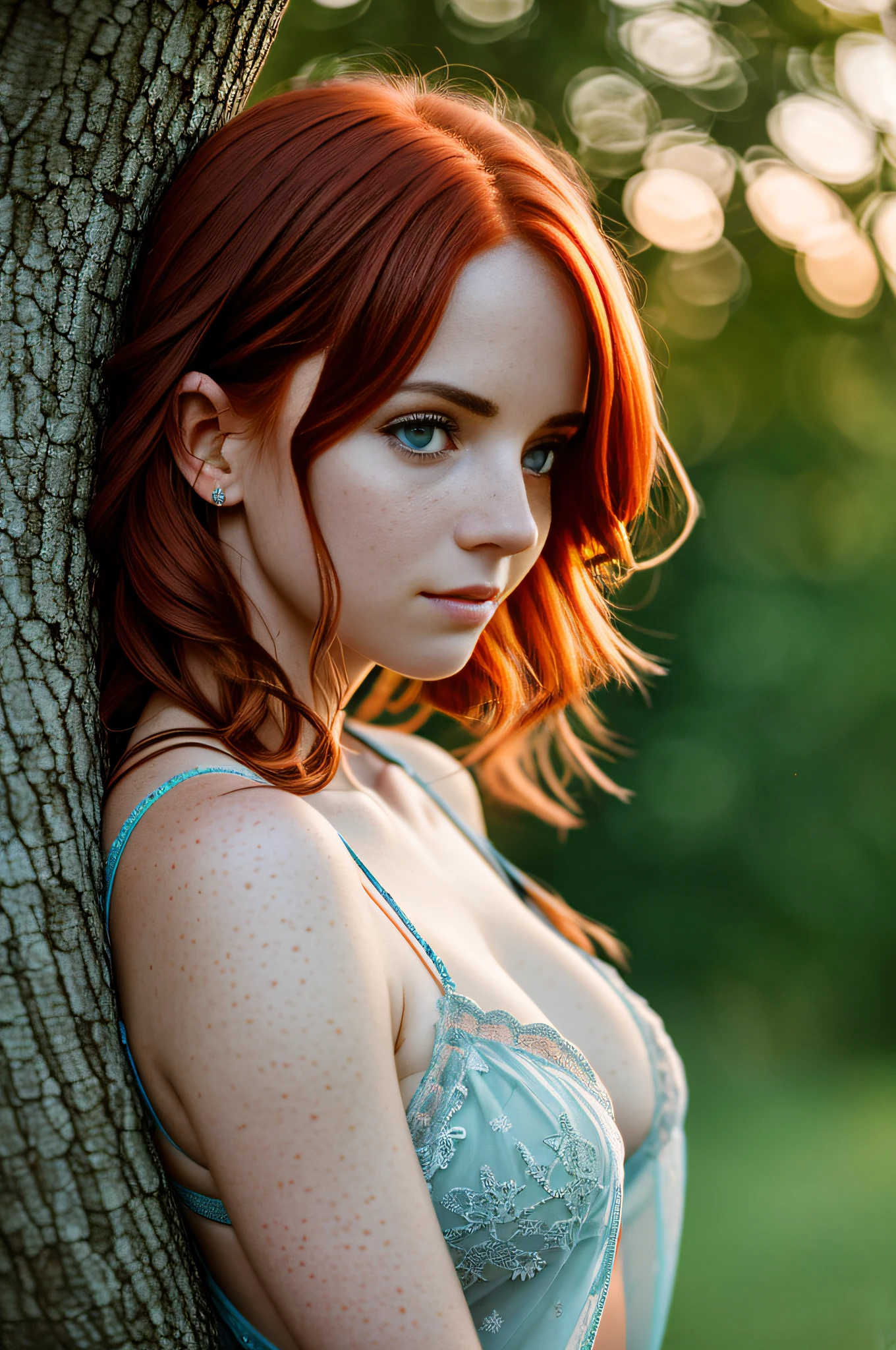 (8k, RAW photo, highest quality) depth of field, bokeh, 8K, HDR, cinematic rendering, a portrait of a 36-year-old redhead, framing from the navel, some small freckles, dressed in a ragged nightie, straps dropped, peeled off, leaning against a tree in the wilderness, goosebumps, cinematic, faded colors, dark shot, muted colors, grainy film, read, crazy details, intricate details, hyperdetailed, sunset, shyness, seduction, romance, looks at the camera lens lovingly, no visible hand