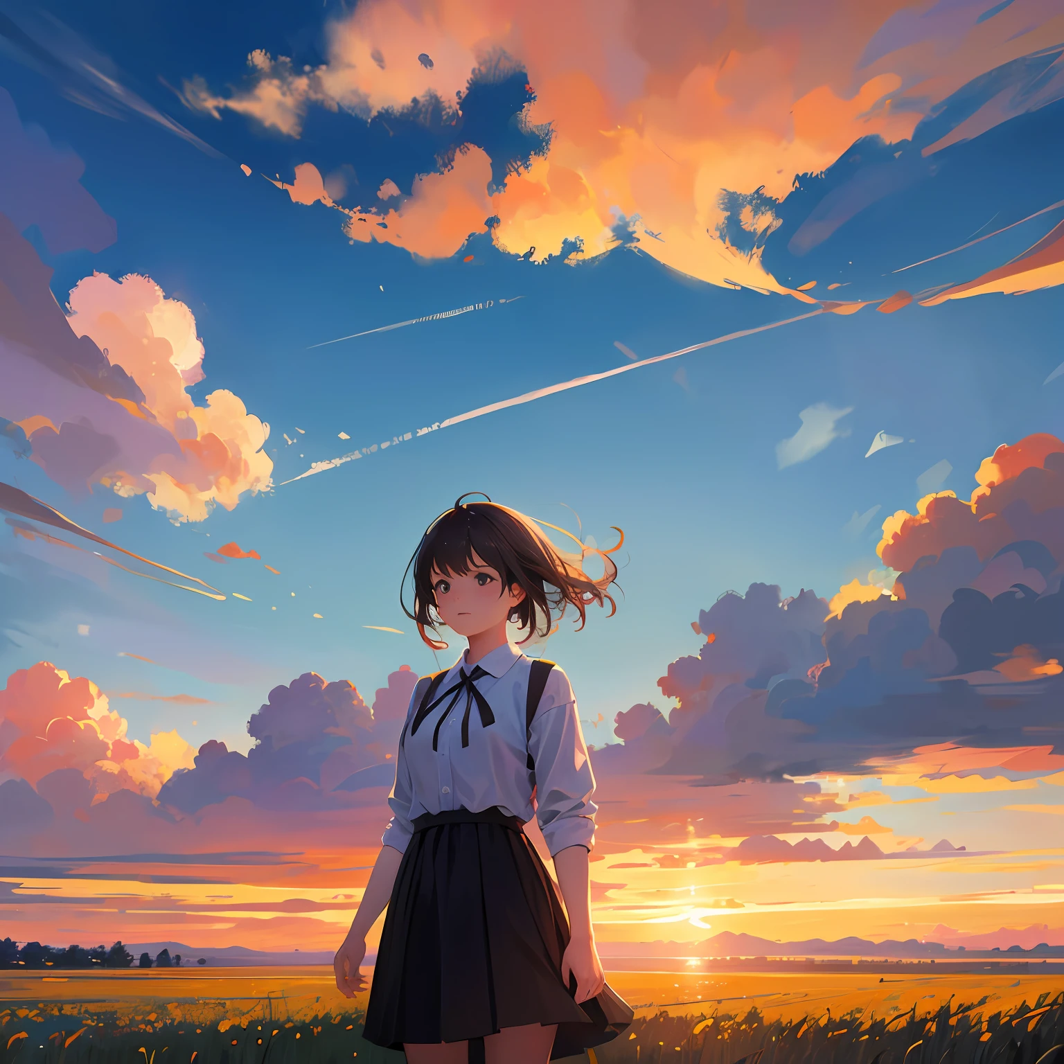 girl standing in field, closeup, portrait, clouds, sunrise