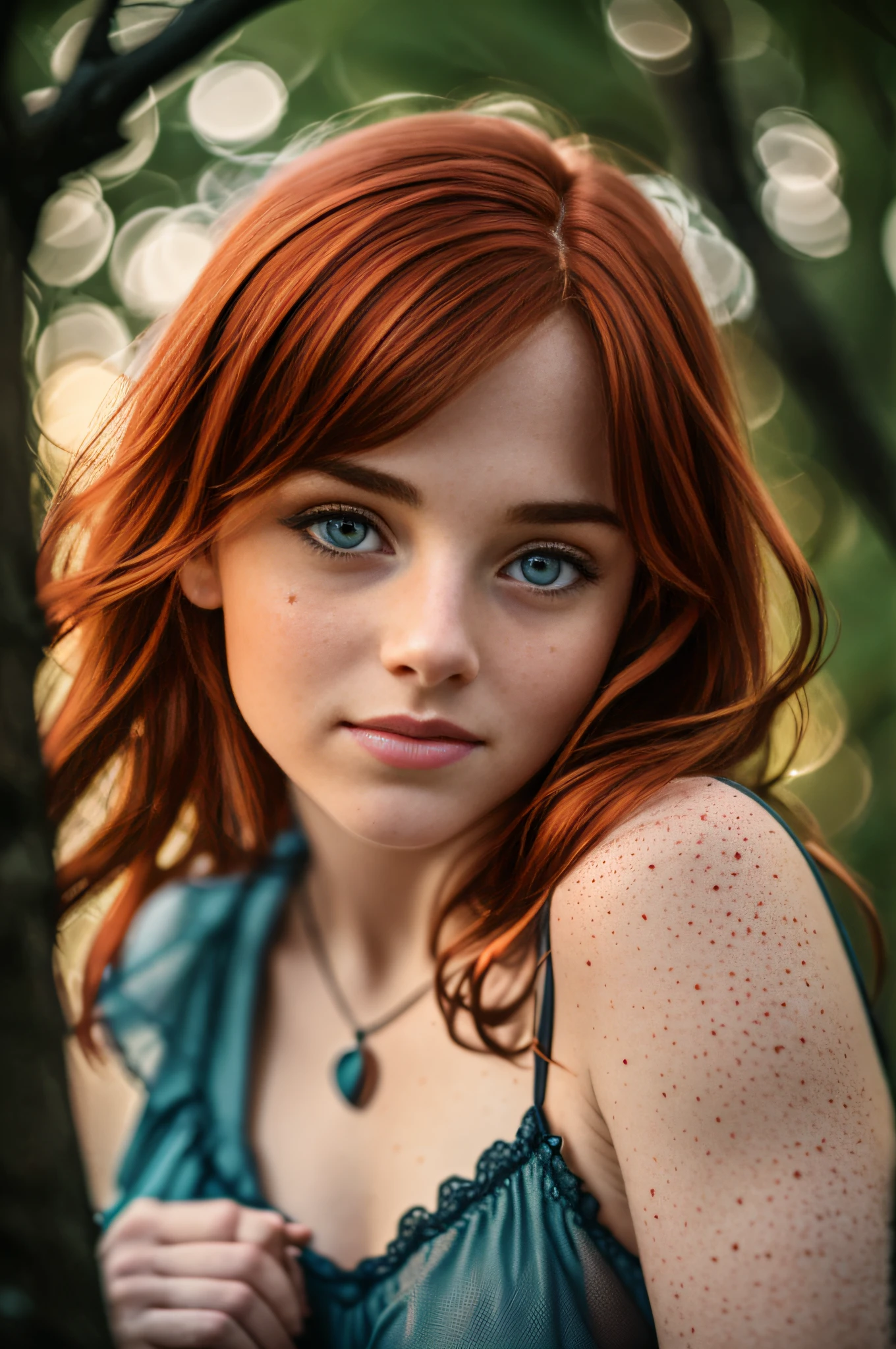 (8k, RAW photo, highest quality) depth of field, bokeh, 8K, HDR, cinematic rendering, a portrait of a 36-year-old redhead, framing from the navel, some small freckles, dressed in a ragged nightie, straps dropped, peeled off, leaning against a tree in the wilderness, goosebumps, cinematic, faded colors, dark shot,  muted colors, grainy film, read, crazy details, intricate details, hyperdetailed, sunset, shyness, seduction, romance, looks at the camera lens lovingly, no visible hand