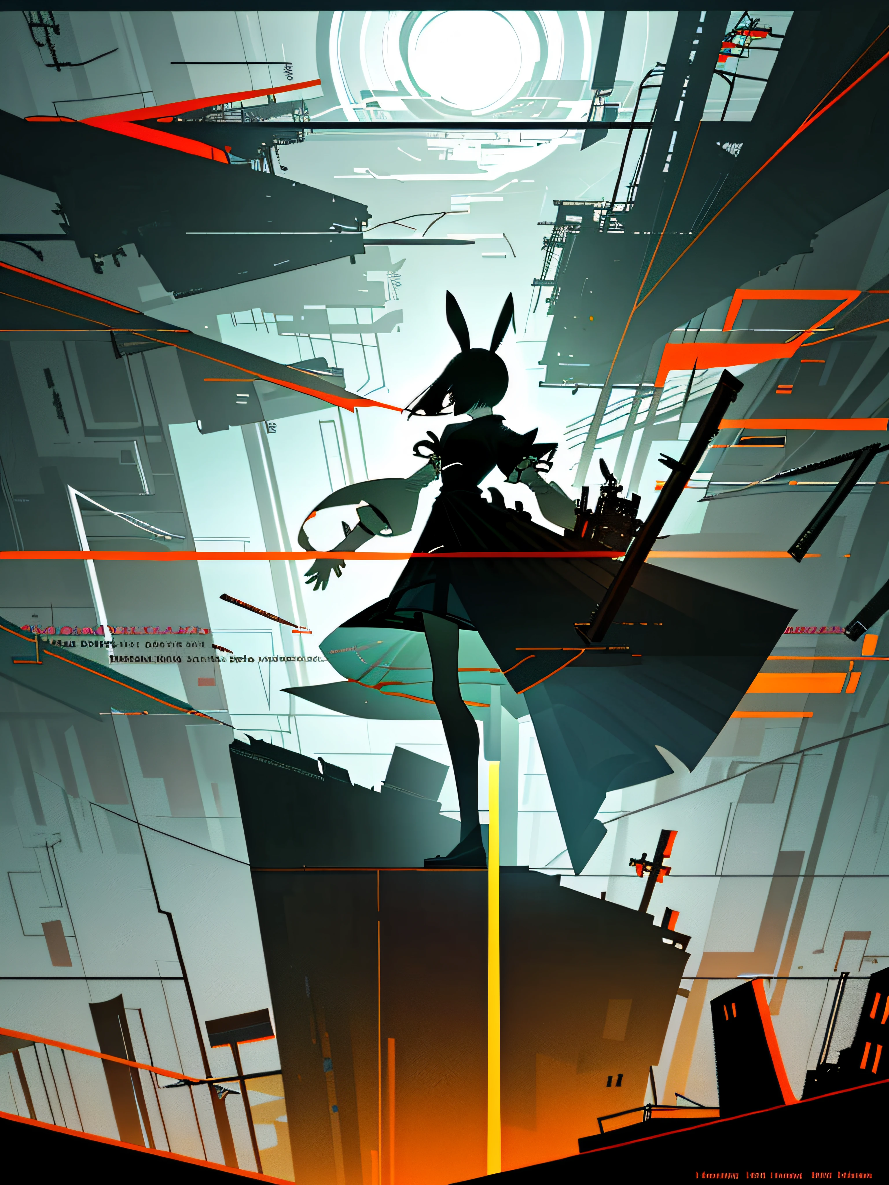 (blame! style abandoned tech landscape), (Zen, Amy Sol style), (underground, dark, foggy, perilous, abandoned dystopian apartment bedroom, deep windows), (abstract anthro rabbit figure wearing bunny ears), cover art with light abstraction, abstract, simple vector art, contemporary Cybernetic art, color gradients, soft color palettes, layered forms, whimsical animation, style Ethereal abstract, 4K, --v6