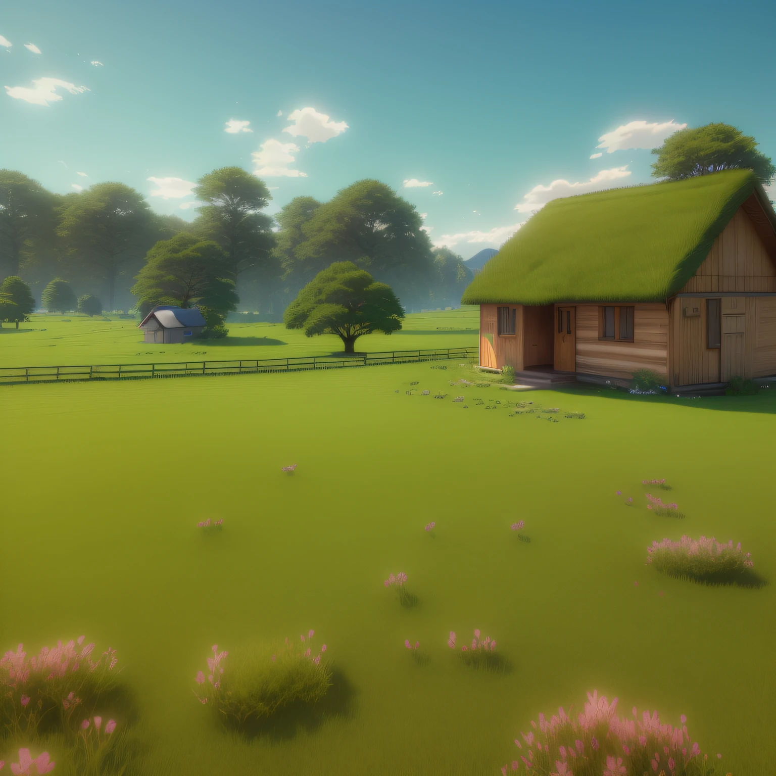 There is a small house in the field，Green roof, anime countryside landscape, stylized 3d render, 3 d stylize scene, stylized as a 3d render, rendered in unity 3 d, 3 d render stylized, animation style render, daylight made in blender, rendered in unreal engine 3d, realistic establishing shot, rendered in maya